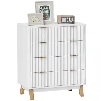 Front. Homcom - Fluted Dresser for Bedroom with 4 Drawers, 28" Wide Chest of Drawers with Gold Finger Pulls and 4 Wood Legs - White.