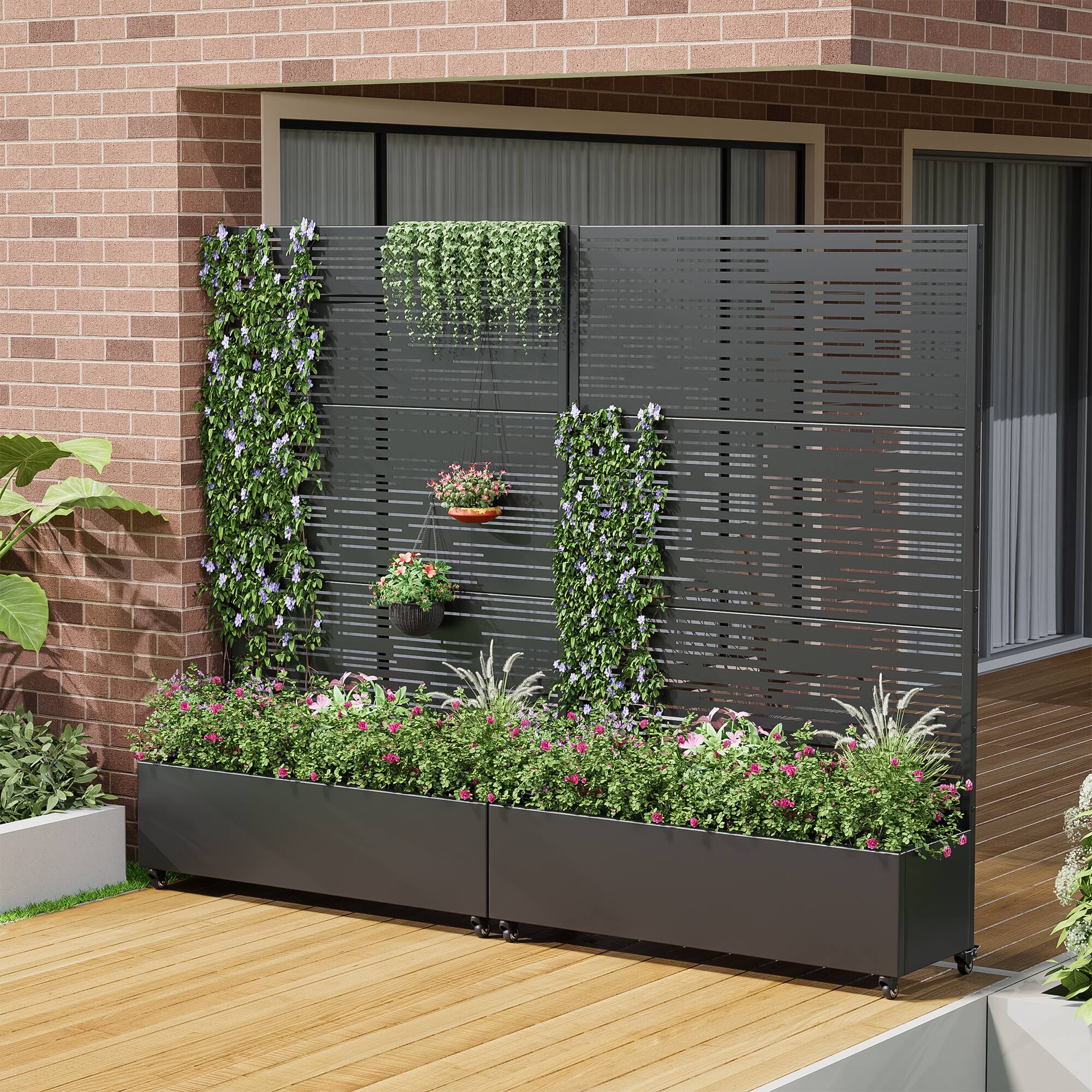 Alt View 2. PexFix - 72 in. H x 47 in. W Shine Pattern Rectangle Metal Planter Box Raised Garden Beds with Trellis-Ideal for Balcony - Black.