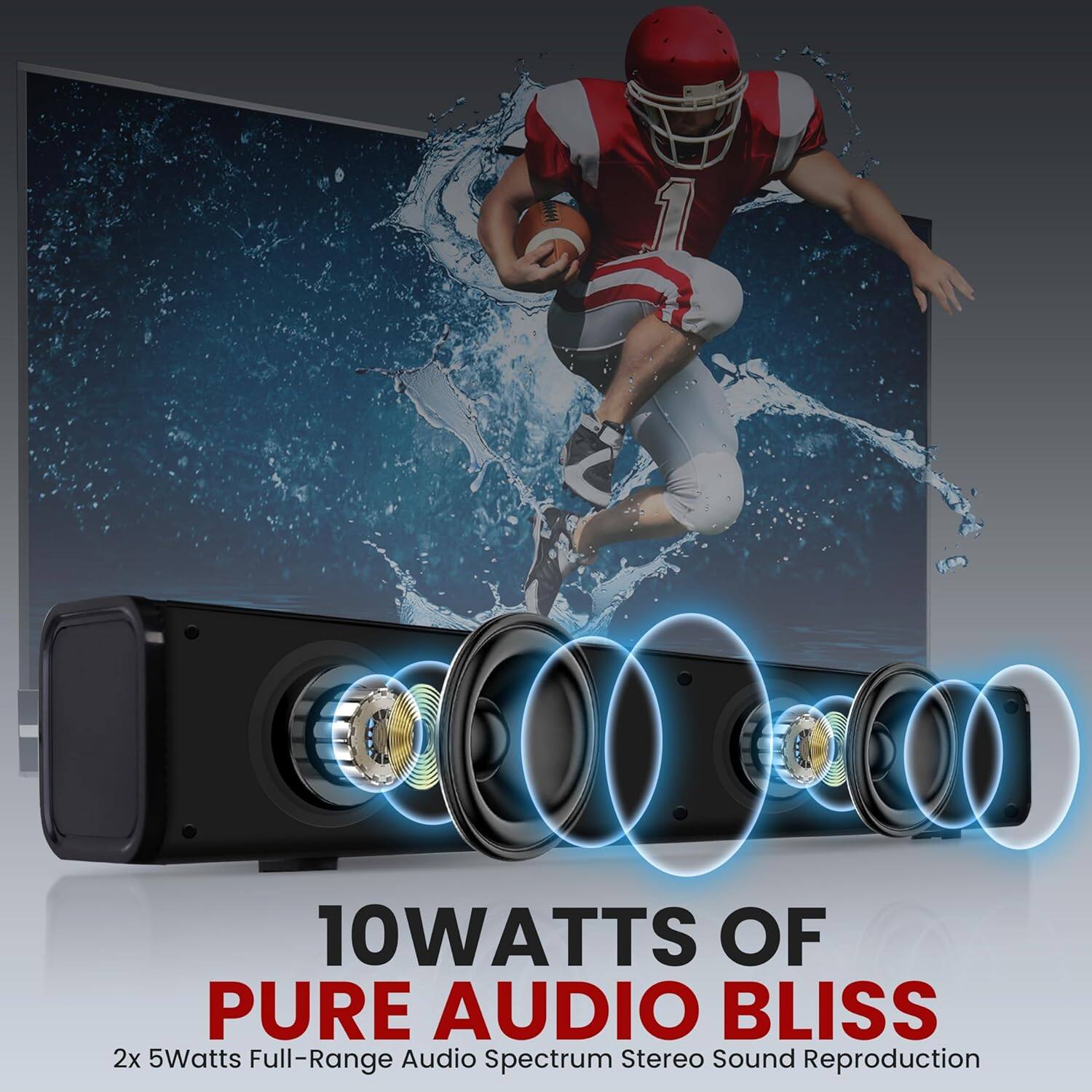 10 WATTS OF PURE AUDIO BLISS  
2x 5 Watts Full-Range Full Audio Spectrum Stereo Sound Reproduction