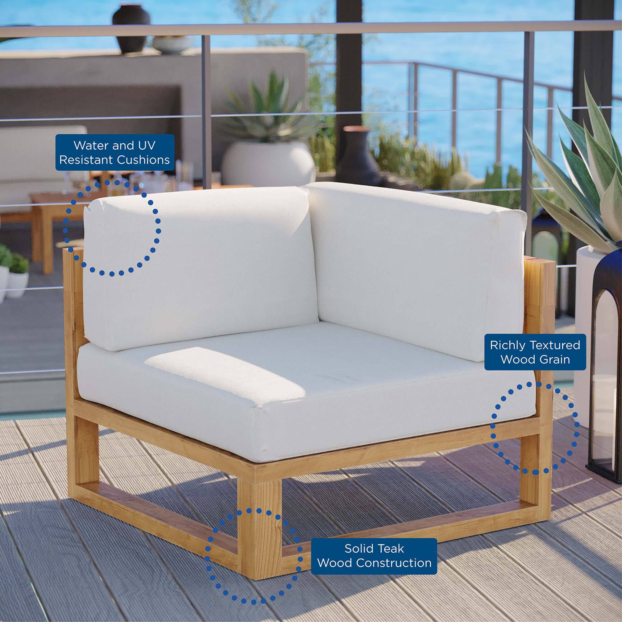 Water and UV Resistant Cushions  
Richly Textured Wood Grain  
Solid Teak Wood Construction