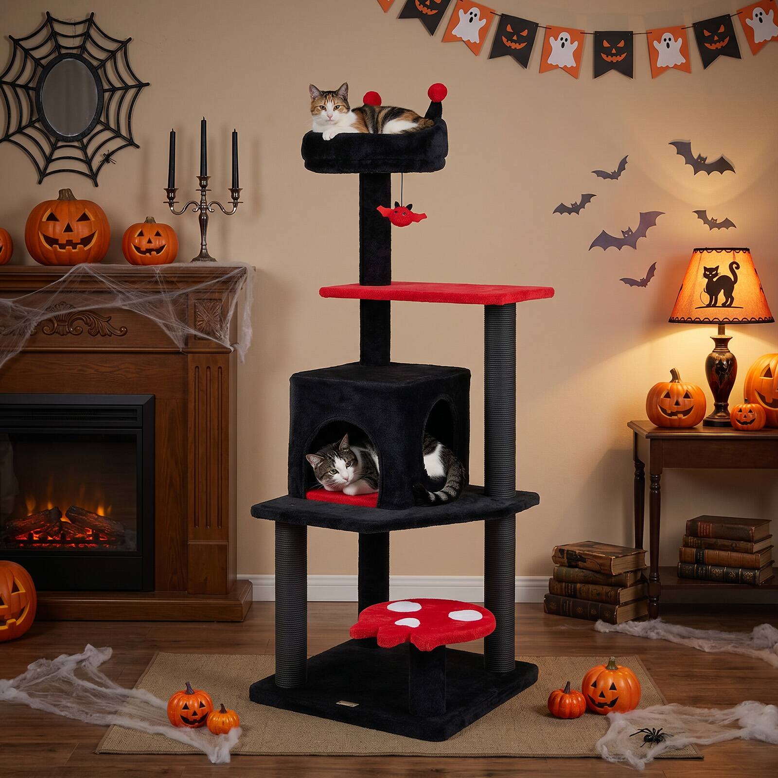 Alt View 3. Gymax - Gymax 57'' Gothic Cat Tree for Indoor Cats w/ Padded Perch 2-Entry Condo Hanging Toy Red & Black.
