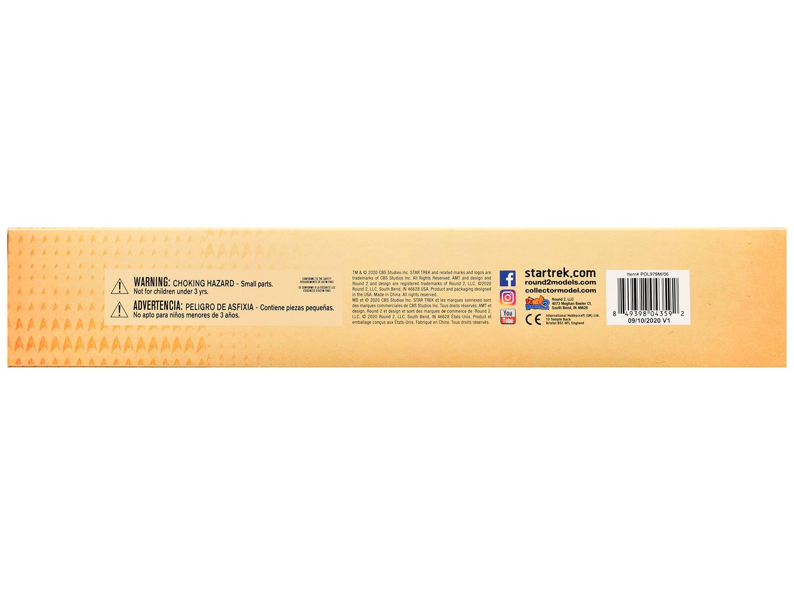 - WARNING: CHOKING HAZARD - Small parts. Not for children under 3 yrs.
- ADVERTENCIA: PELIGRO DE ASFIXIA - Contiene piezas pequeñas. No apto para niños menores de 3 años.

- TM & © 2020 CBS Studios Inc. STAR TREK and related marks and logos are trademarks of CBS Studios Inc. Round 2 and design are registered trademarks of Round 2, LLC. 2020. Product and packaging designed in the USA. Made in China. All rights reserved.

- www.startrek.com
- round2models.com
- collectormodel.com

- 49598 04359 2
- 09/10/2020 V1

- CE

- 2007 Magnetic Reader CL
- International Magnetic Reader (UK) Ltd.
- 10 Temple Back, London, England