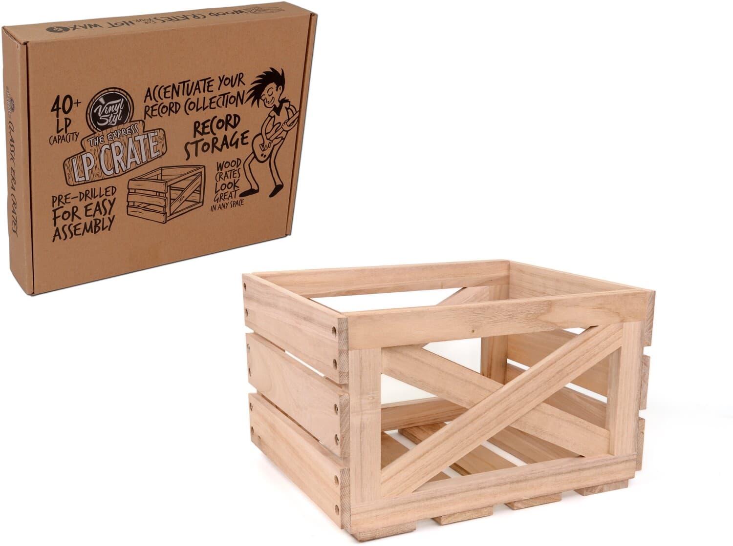 PopMarket - Vinyl Styl VS-RS-06l Express LP Crate 12 Inch LP Record Storage 40+ Capacity Wood - VINYL ACCESSORIES - Brown