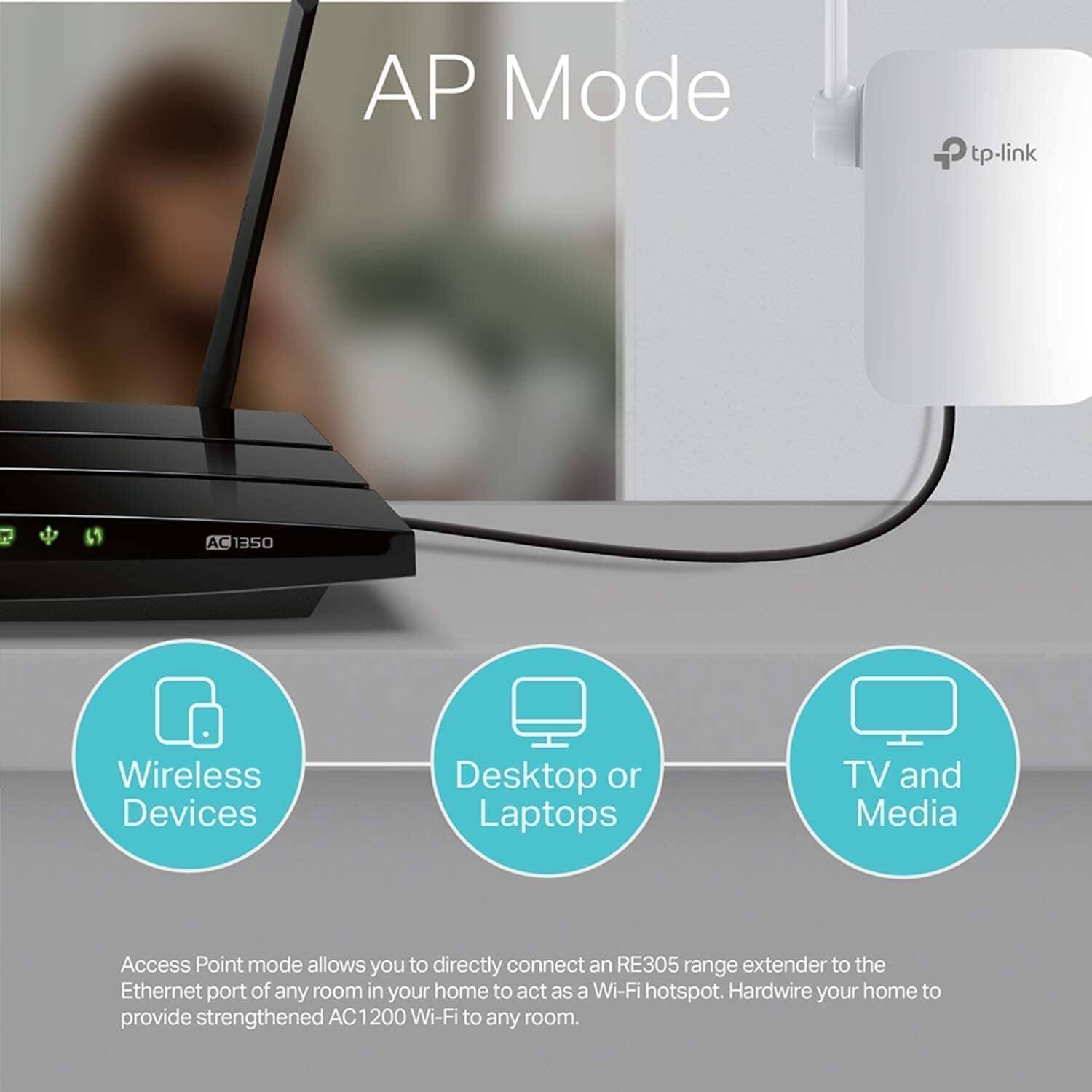 AP Mode tp-link AC 1350 Wireless Devices Desktop or Laptops TV and Media Access Point mode allows you to directly connect an RE305 range extender to the Ethernet port of any room in your home to act as a Wi-Fi hotspot. Hardwire your home to provide strengthened AC1200 Wi-Fi to any room.