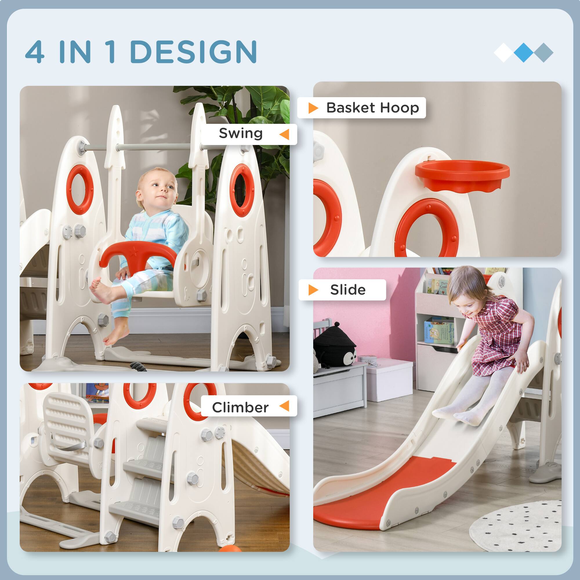 4 IN 1 DESIGN

- Swing
- Basket Hoop
- Slide
- Climber