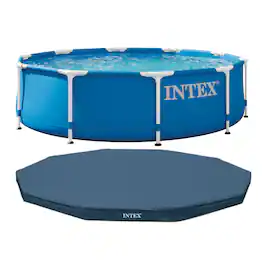 Intex - Metal Frame Above Ground Swimming Pool w/ 10 Foot Round Swimming Pool Cover
