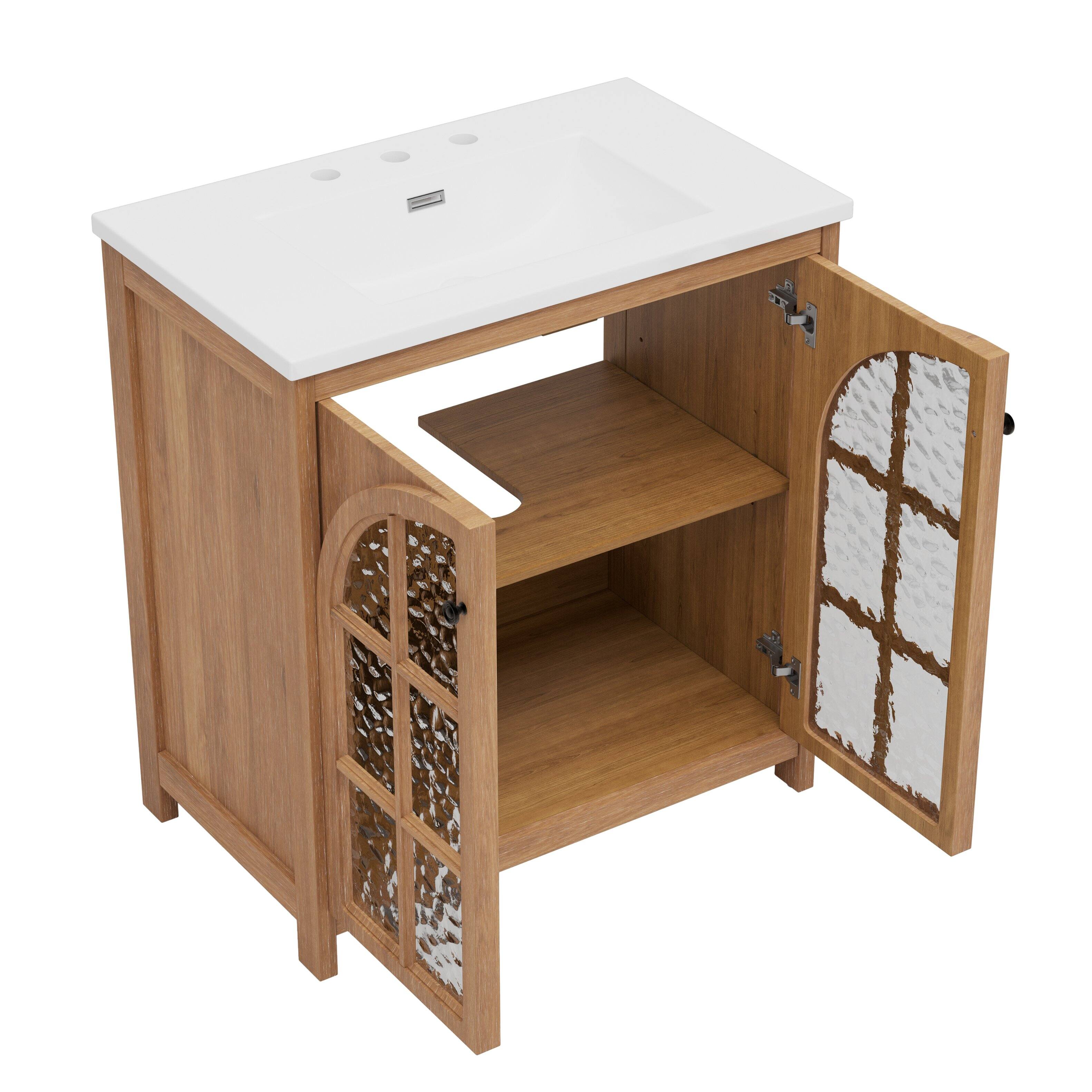 Alt View 5. Bestier - 31in Farmhouse Bathroom Vanity with Ceramic Sink Vintage Rustic Bathroom Cabinet, Antique Natural - Brown.