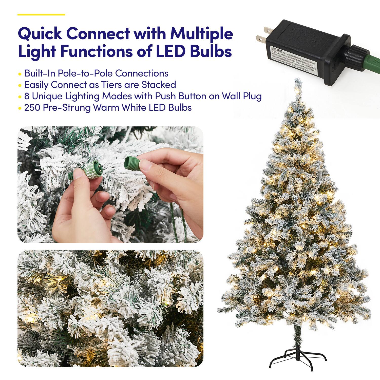 Quick Connect with Multiple Light Functions of LED Bulbs

- Built-In Pole-to-Pole Connections
- Easily Connect as Tiers are Stacked
- 8 Unique Lighting Modes with Push Button on Wall Plug
- 250 Pre-Strung Warm White LED Bulbs