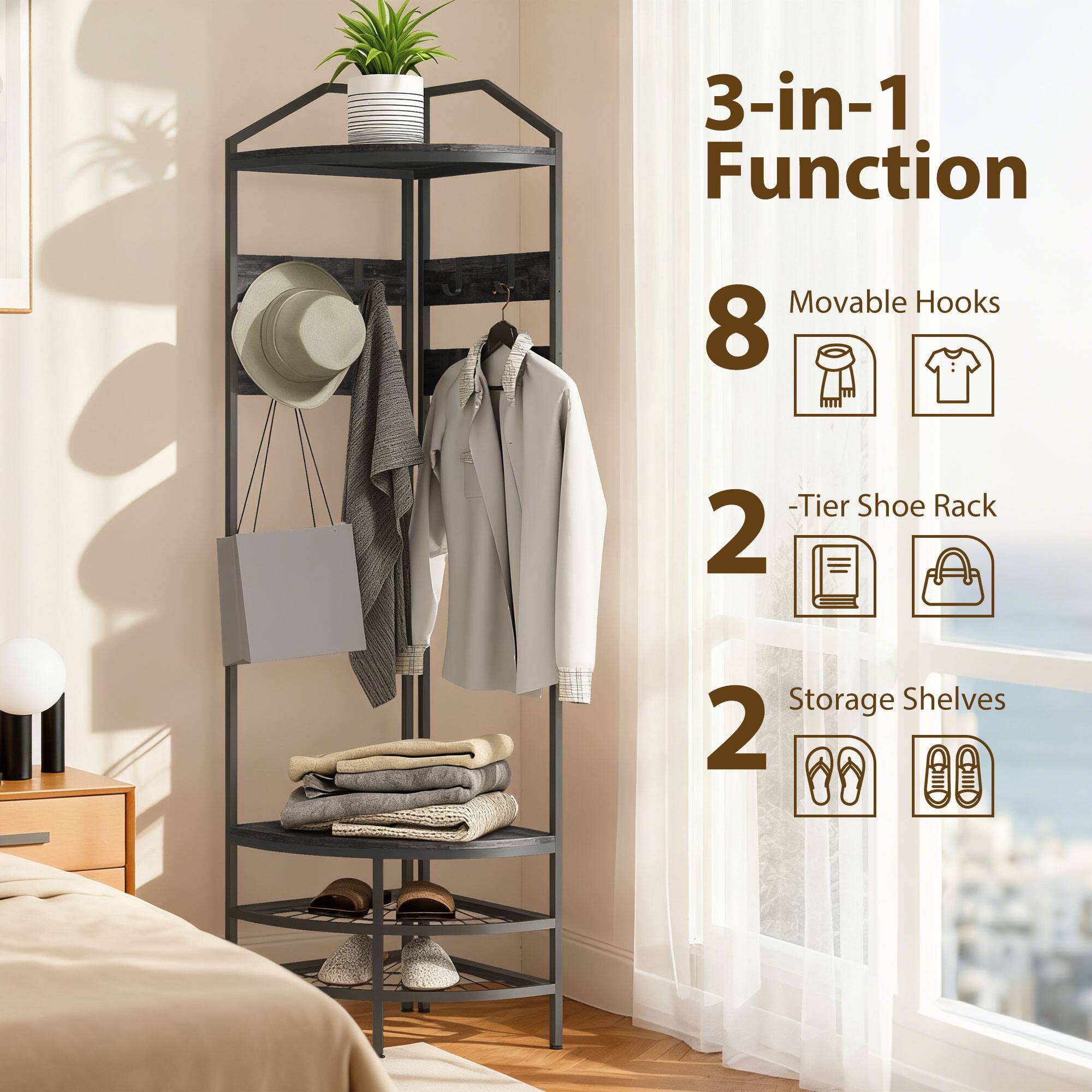 3-in-1 Function  
Movable Hooks  
8  
-Tier Shoe Rack  
2  
Storage Shelves  
2