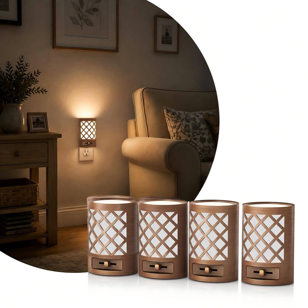Angle. Jandcase - JANDCASE 4-Pack 1W  Plug-in Night Light, 3000K Warm Glow with Slide Dimmer 0-100%, Dusk-to-Dawn Sensor - Brown.