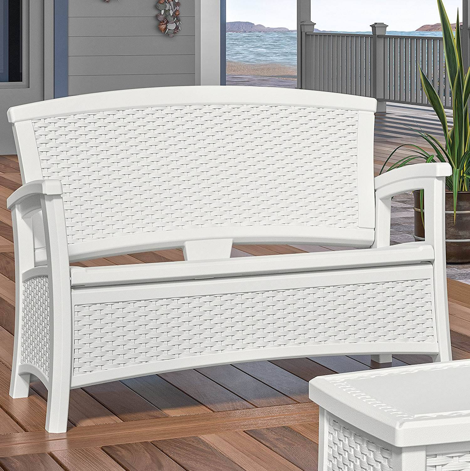 Alt View 4. Suncast - Suncast Elements BMWB5000W Resin Wicker Design Loveseat with Storage, White - White.
