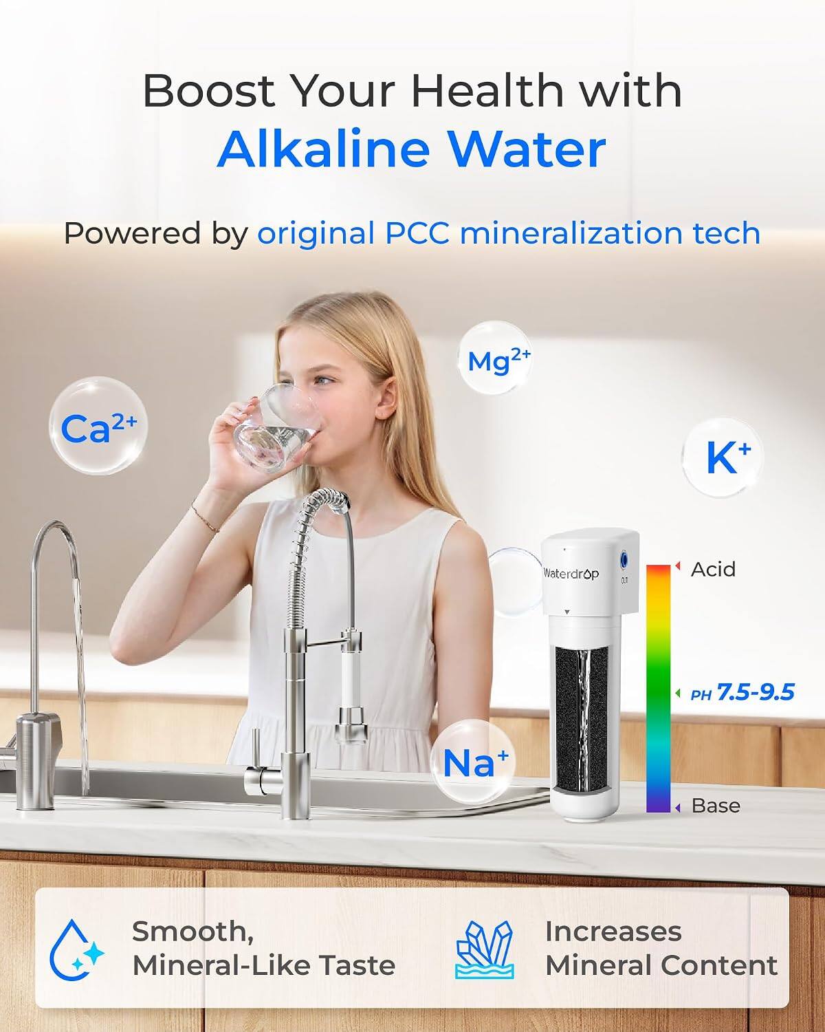 Boost Your Health with Alkaline Water  
Powered by original PCC mineralization tech  

Mg²⁺  
Ca²⁺  
K⁺  
Na⁺  

Acid  
PH 7.5-9.5  
Base  

Smooth, Mineral-Like Taste  
Increases Mineral Content