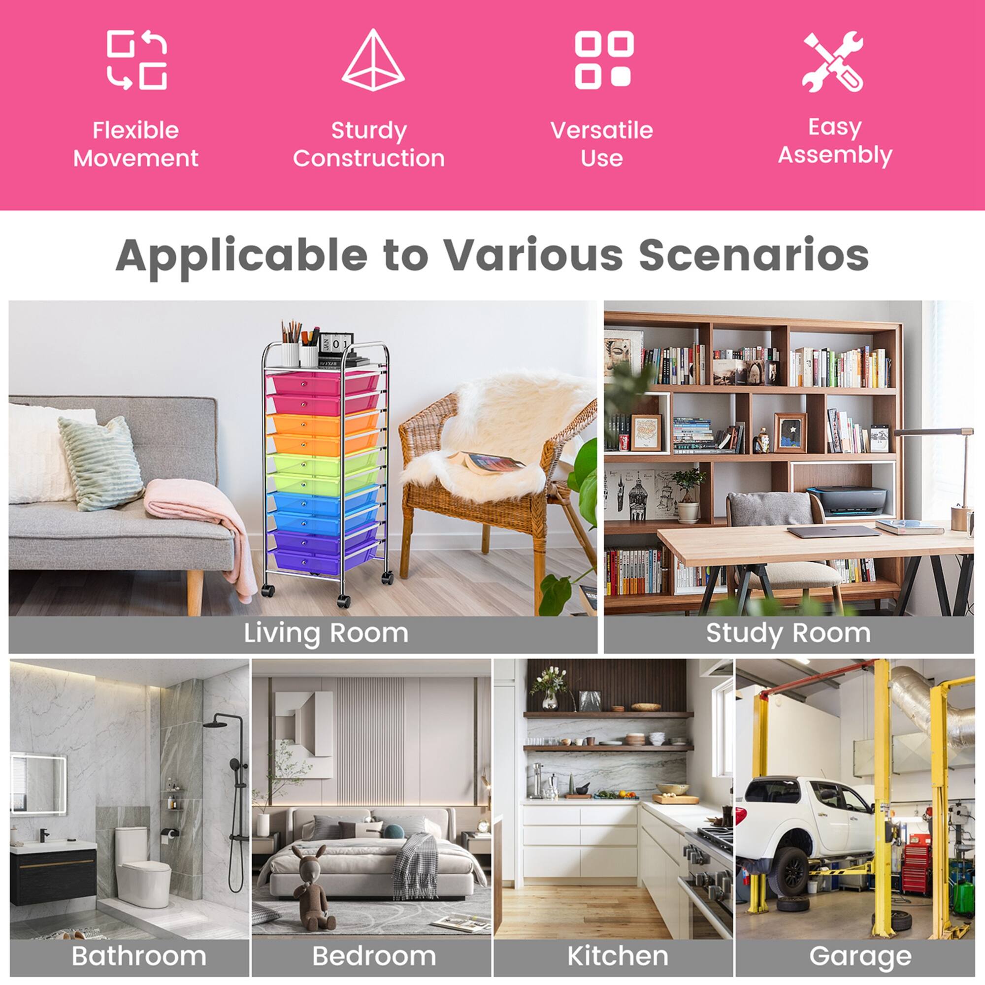 The text on the image is already grouped and correctly written. It reads: "Flexible Movement Sturdy Construction Versatile Use Easy Assembly Applicable to Various Scenarios Living Room Study Room Bathroom Bedroom Kitchen Garage."