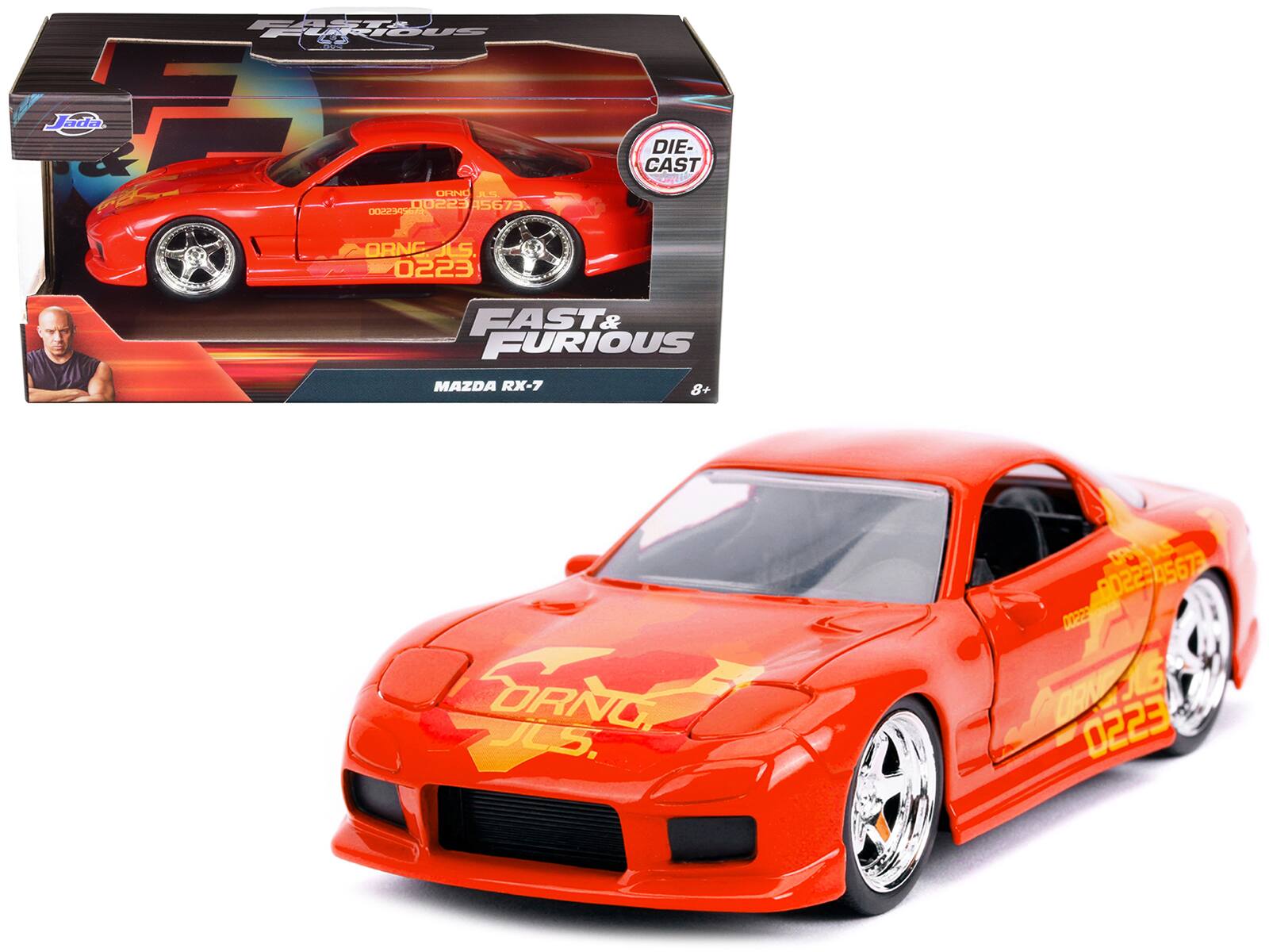 FAYEURIOUS  
Jada ada OHNC J 00223 45673 S de DIE-CAST ORNE. LS 0223 FAST& FURIOUS MAZDA RX-7 8+ ORNC JL5. 45673 0022-05673 00223 0223

Corrected text from the image:

- Jada
- FAST & FURIOUS
- MAZDA RX-7
- ORNC JL5
- 0223
- DIE-CAST
- 0022345673