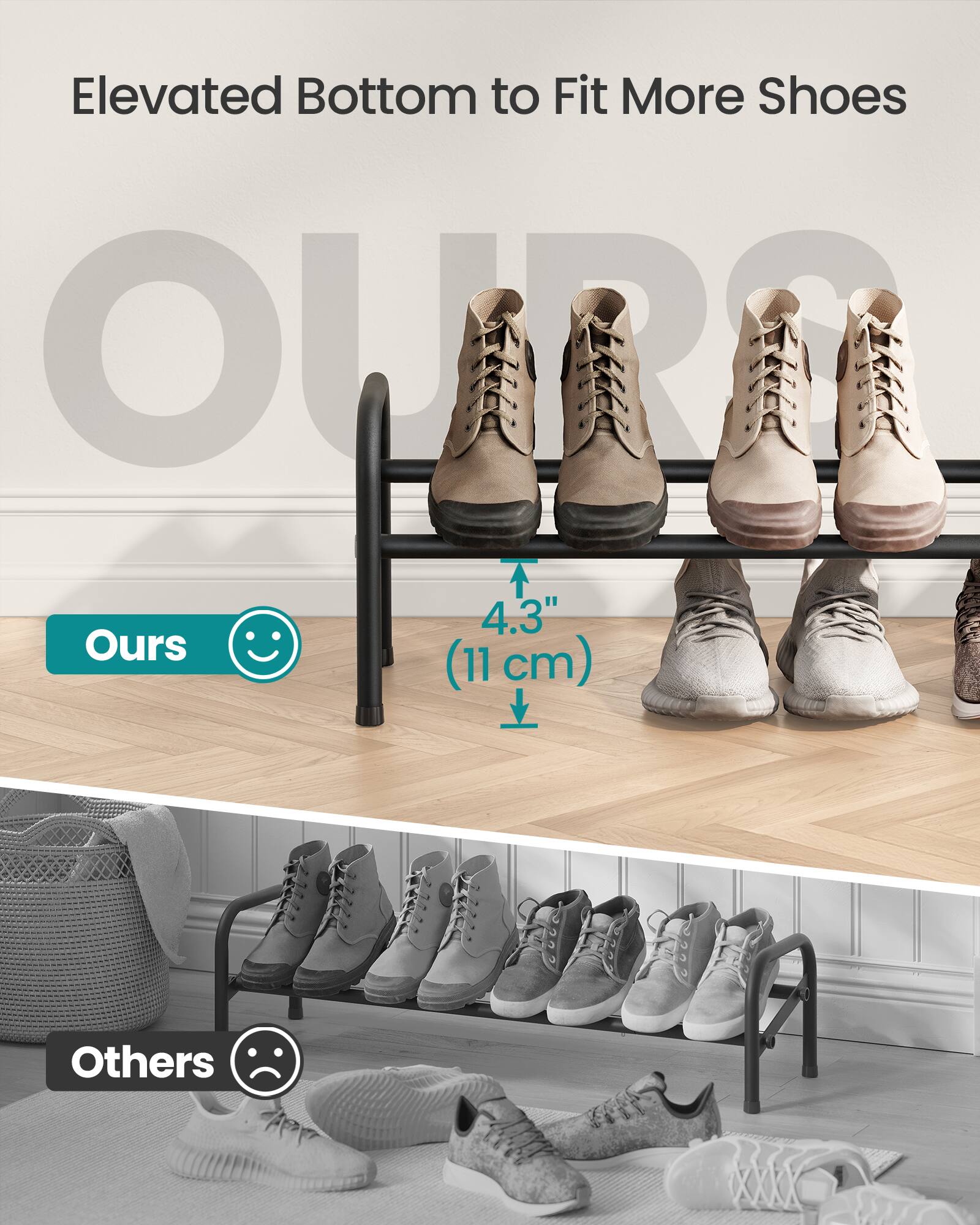 Elevated Bottom to Fit More Shoes

Ours
4.3" (11 cm)

Others