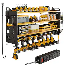 HAUSOURCE - 17.13 in. Metal Standard Modular 4 Layers Wall Rack Shelves Tool Storage Garage Cabinets with 8 Drill Holders ,Yellow - Yellow