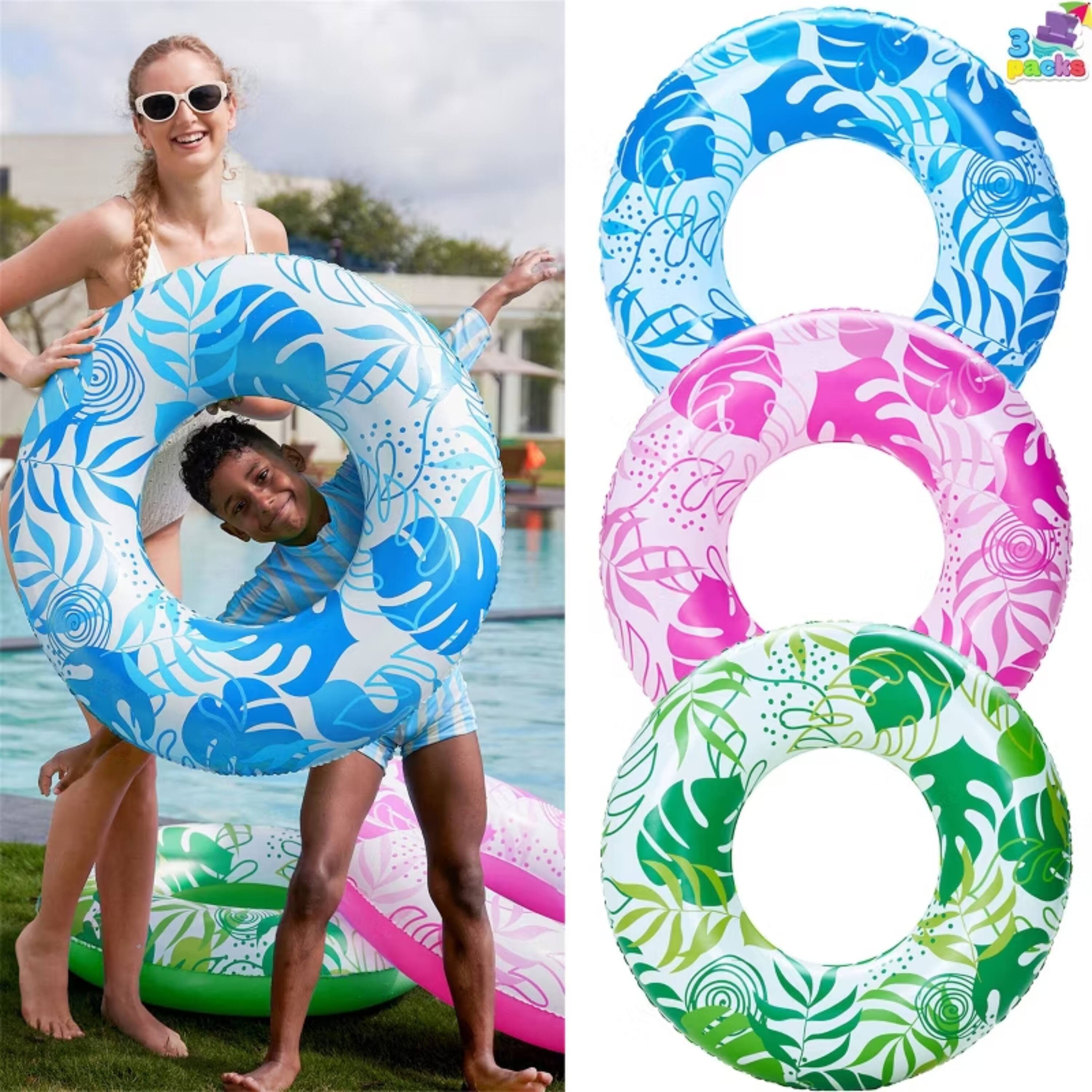 Front. Joyfy - 3 Packs Inflatable Pool Float, Swimming Pool Tube for Kids Adults, Tropical Leaves Floatie Ring Water Toys Summer Beach.