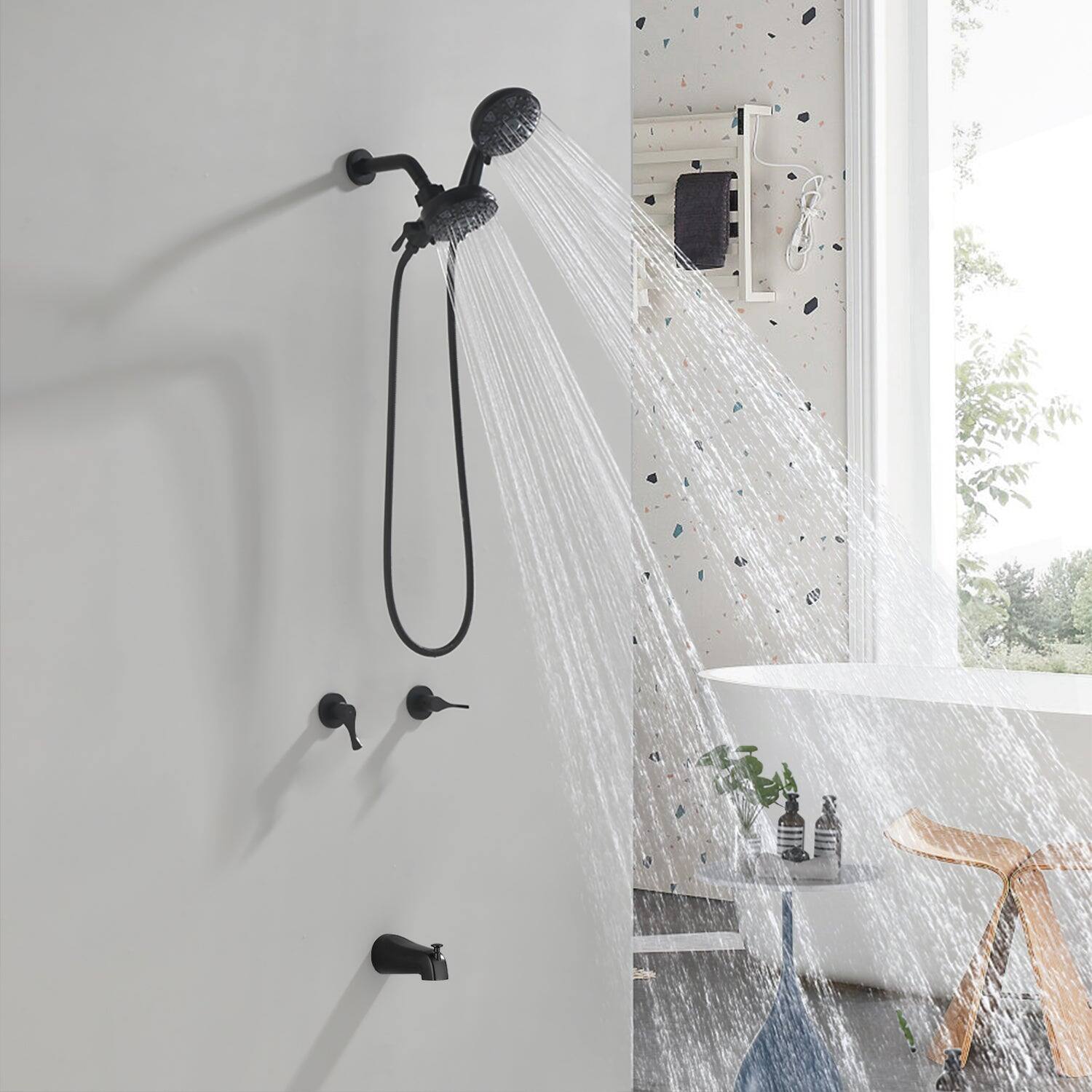 Alt View 3. Boyel Living - Matte Black Shower Set with Dual Handle Control 6 Function Dual Shower Heads and Tub Spout - Matte Black.