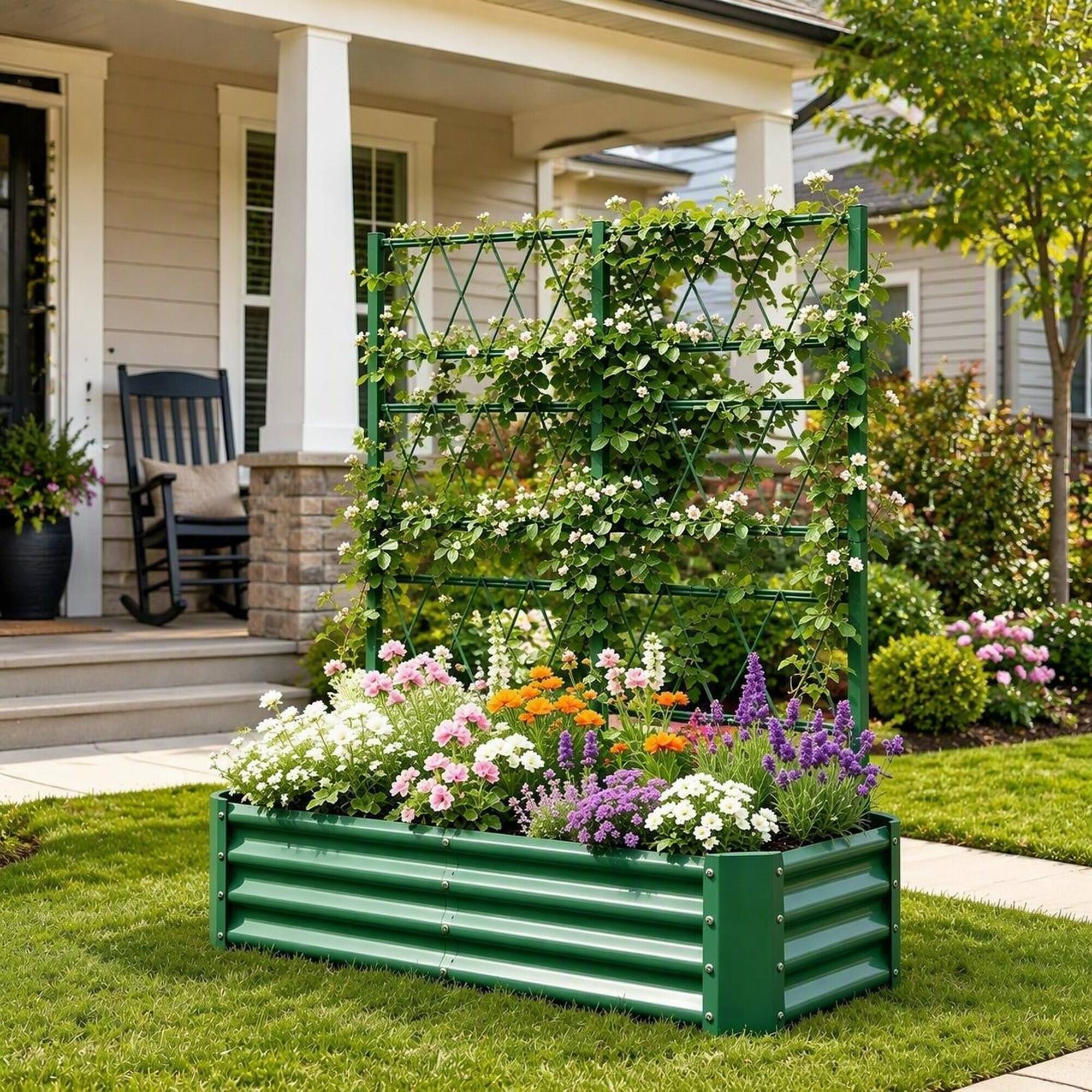 Alt View 1. RYHNUYNE - Galvanized Raised Garden Bed 4x2x1ft with Arch Trellis for Climbing Vegetables, Heavy Duty Metal Planter Box - Green.