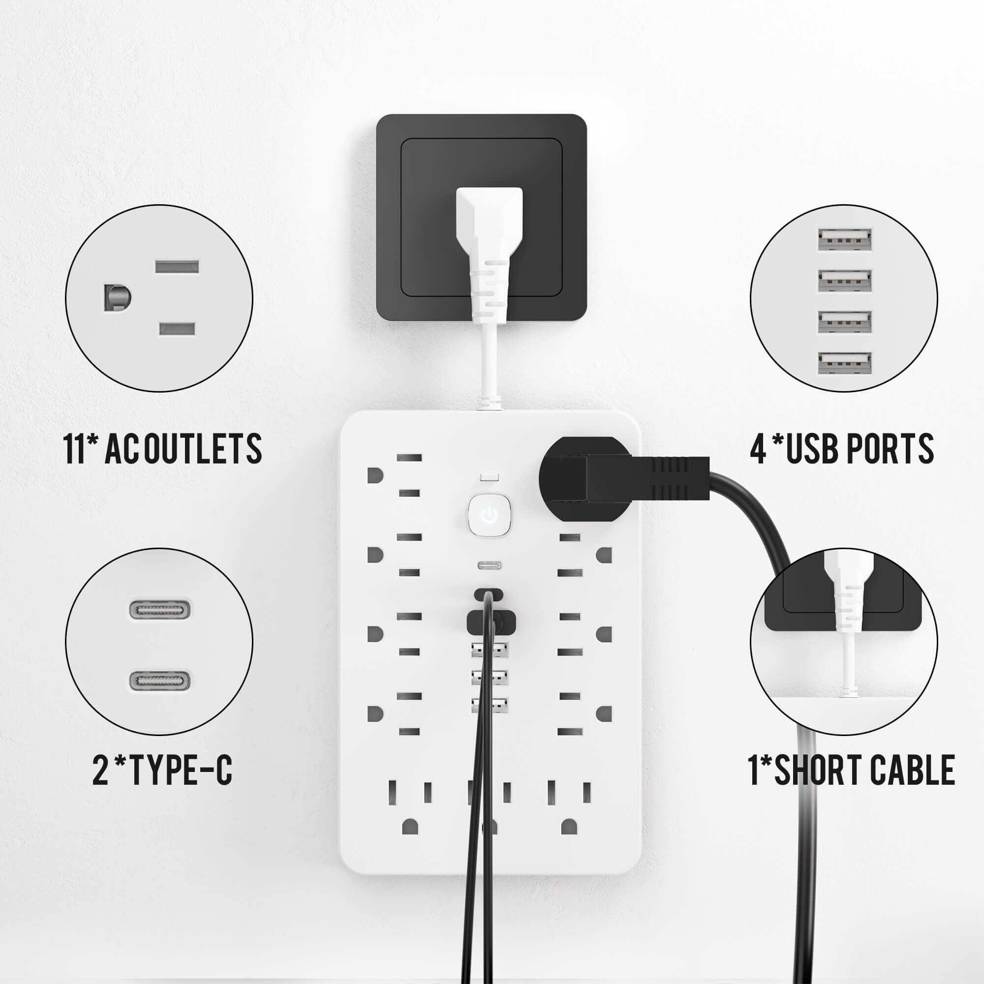 11* AC OUTLETS  
4* USB PORTS  
2* TYPE-C  
1* SHORT CABLE