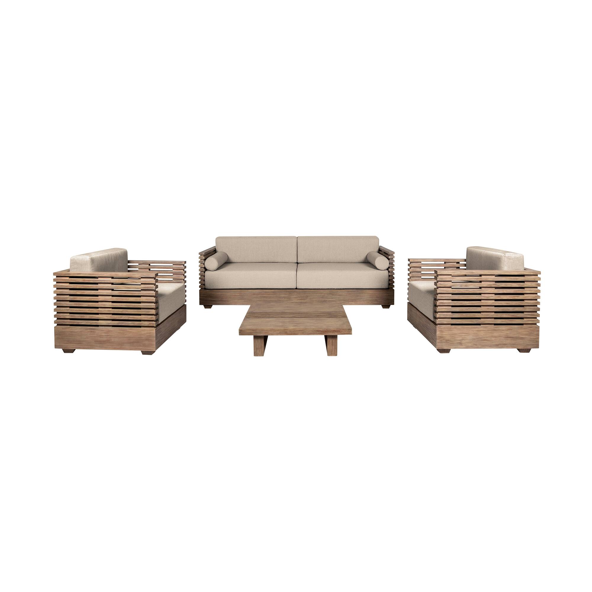 Front. Armen Living - Vivid Outdoor Patio 4 Piece Conversation Set in Light Eucalyptus Wood with Taupe Olefin Cushions - Taupe.