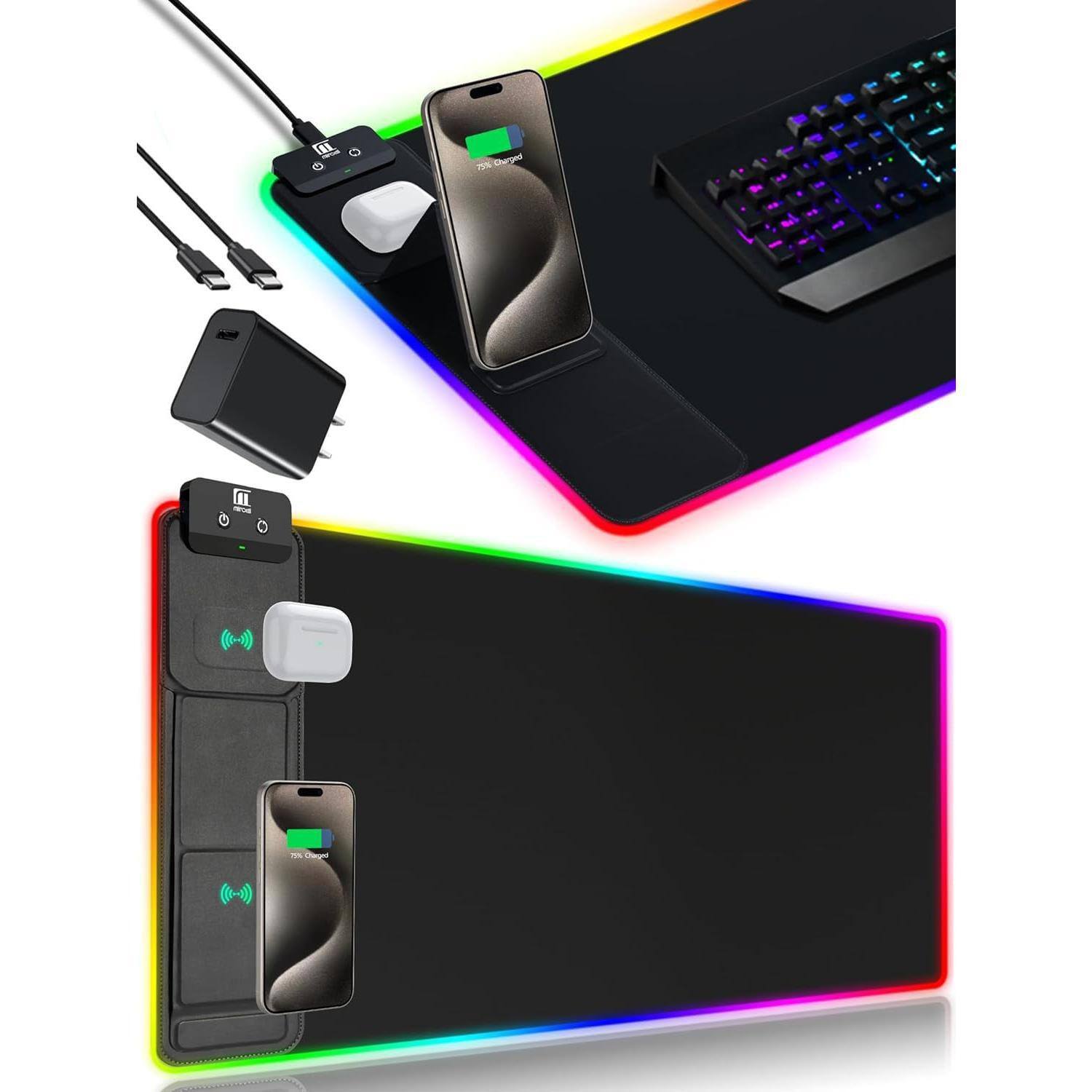 Comfort Essence - Xxl Mouse Pad With Phone Holder - Black Rgb Desk Mat 15w Fast Charging Led Gaming Mousepad 11 Light Colors - Black with 20W PD Charger