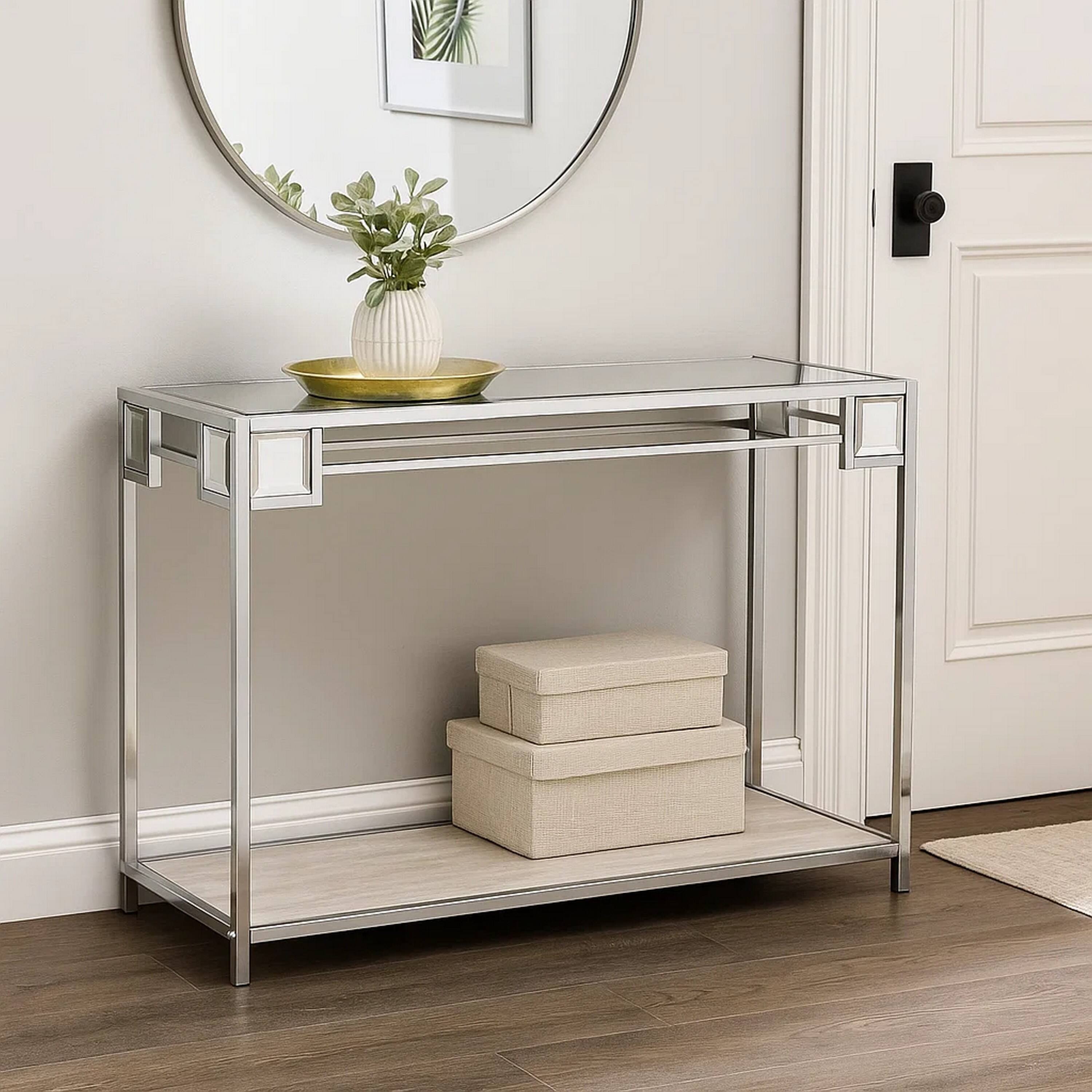 Alt View 5. Manhattan Lane - Mirror Top Metal Console Table with Wooden Open Bottom Shelf - Silver.