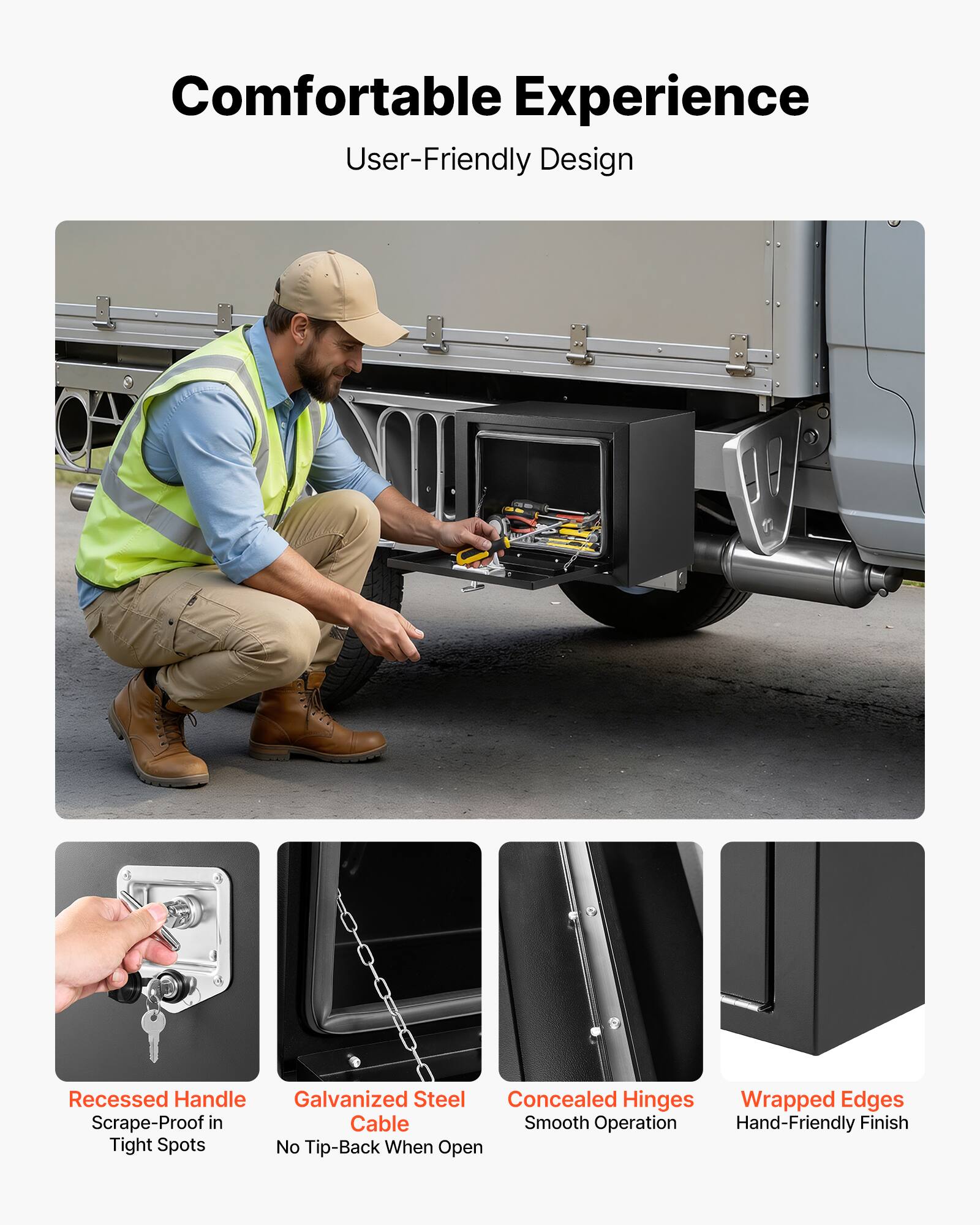 Comfortable Experience  
User-Friendly Design

- Recessed Handle  
  Scrape-Proof in Tight Spots

- Galvanized Steel Cable  
  No Tip-Back When Open

- Concealed Hinges  
  Smooth Operation

- Wrapped Edges  
  Hand-Friendly Finish