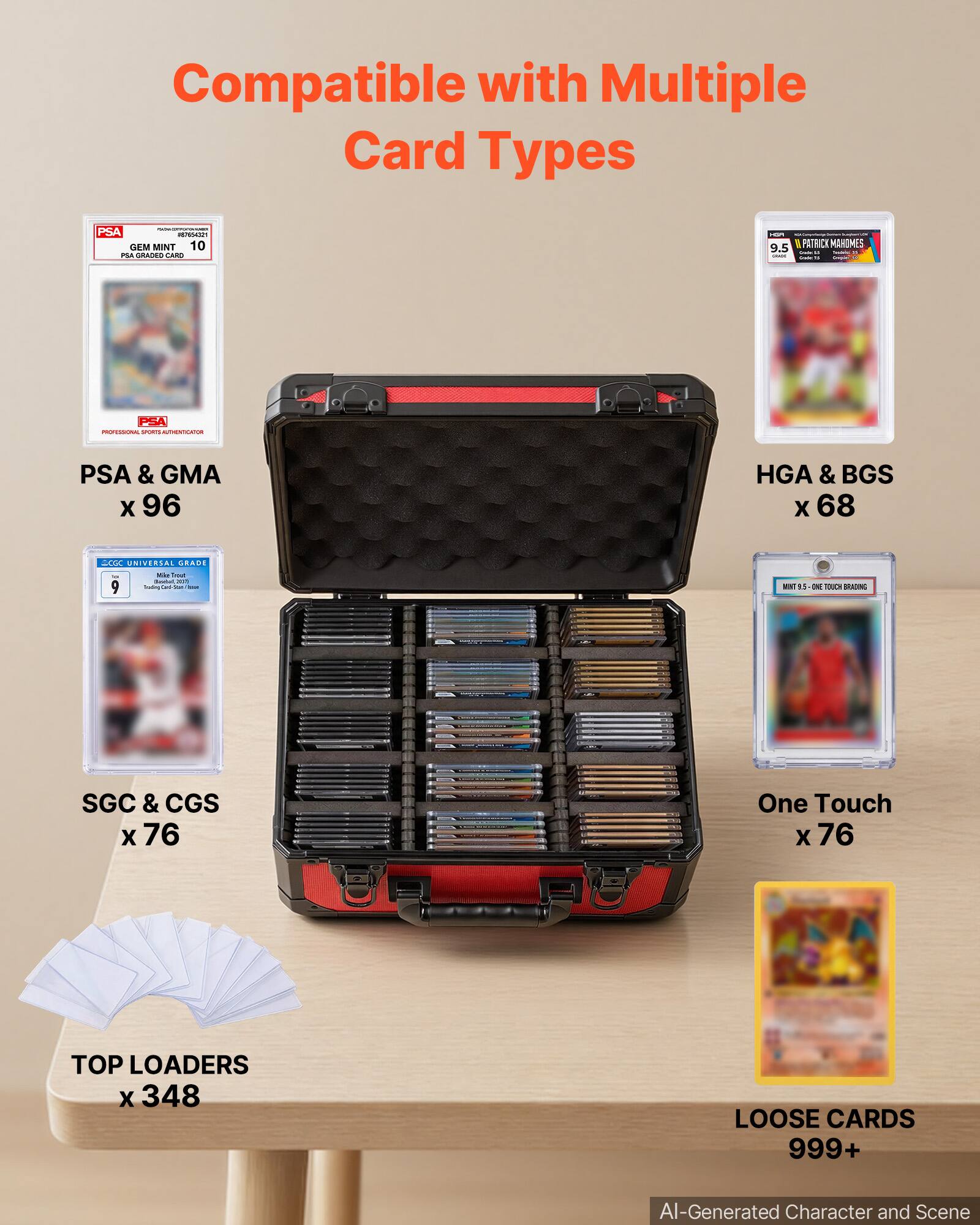 Compatible with Multiple Card Types

- PSA & GMA x 96
- HGA & BGS x 68
- SGC & CGS x 76
- One Touch x 76
- TOP LOADERS x 348
- LOOSE CARDS 999+

AI-Generated Character and Scene