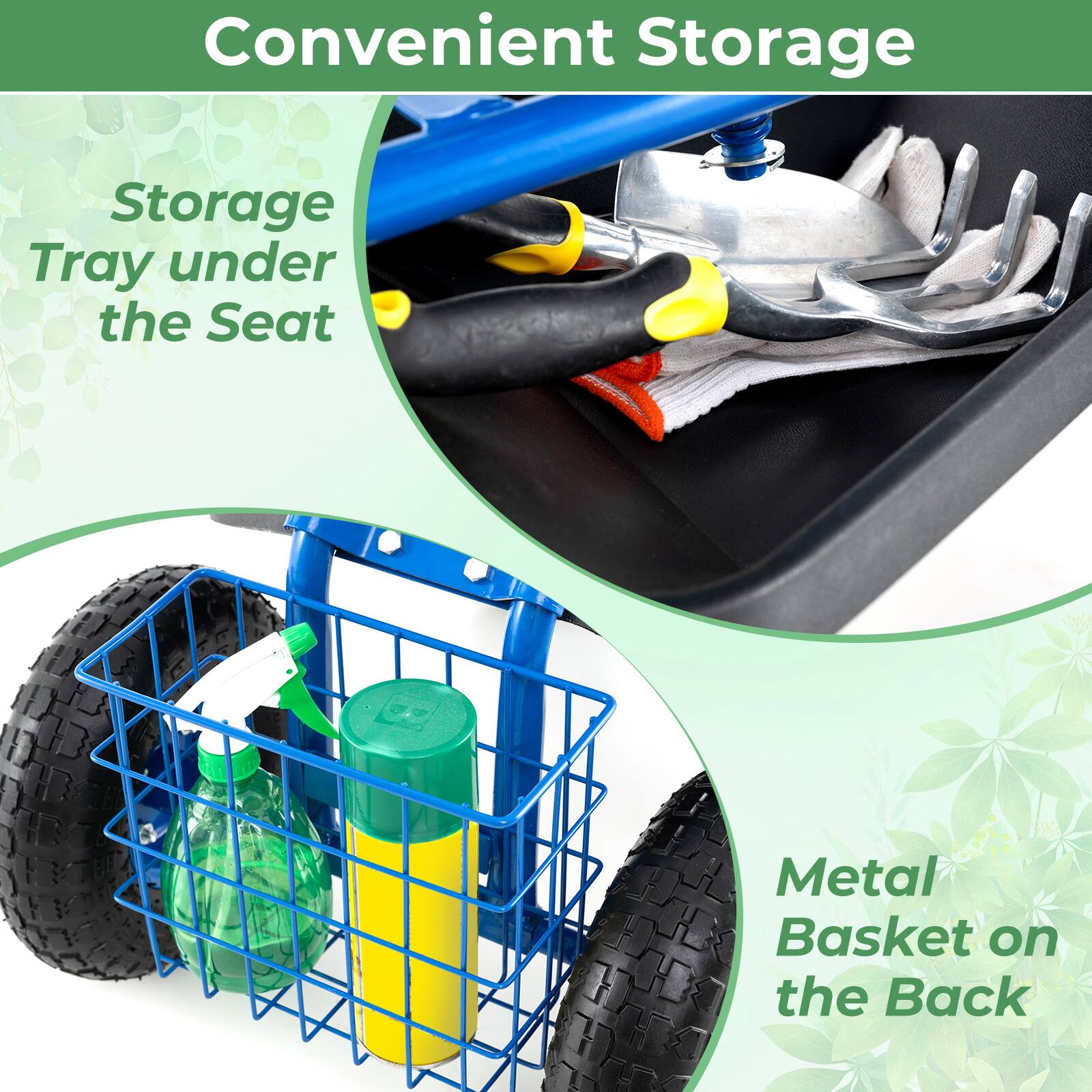 Convenient Storage

Storage Tray under the Seat

Metal Basket on the Back