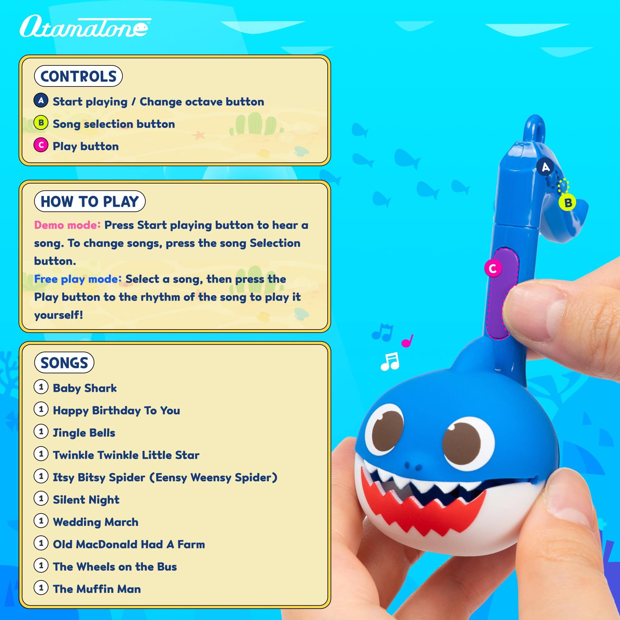 **Otamatone**

**CONTROLS**
- A: Start playing / Change octave button
- B: Song selection button
- C: Play button

**HOW TO PLAY**
- Demo mode: Press Start playing button to hear a song. To change songs, press the song Selection button.
- Free play mode: Select a song, then press the Play button to the rhythm of the song to play it yourself!

**SONGS**
1. Baby Shark
1. Happy Birthday To You
1. Jingle Bells
1. Twinkle Twinkle Little Star
1. Itsy Bitsy Spider (Eensy Weensy Spider)
1. Silent Night
1. Wedding March
1. Old MacDonald Had A Farm
1. The Wheels on the Bus
1. The Muffin Man