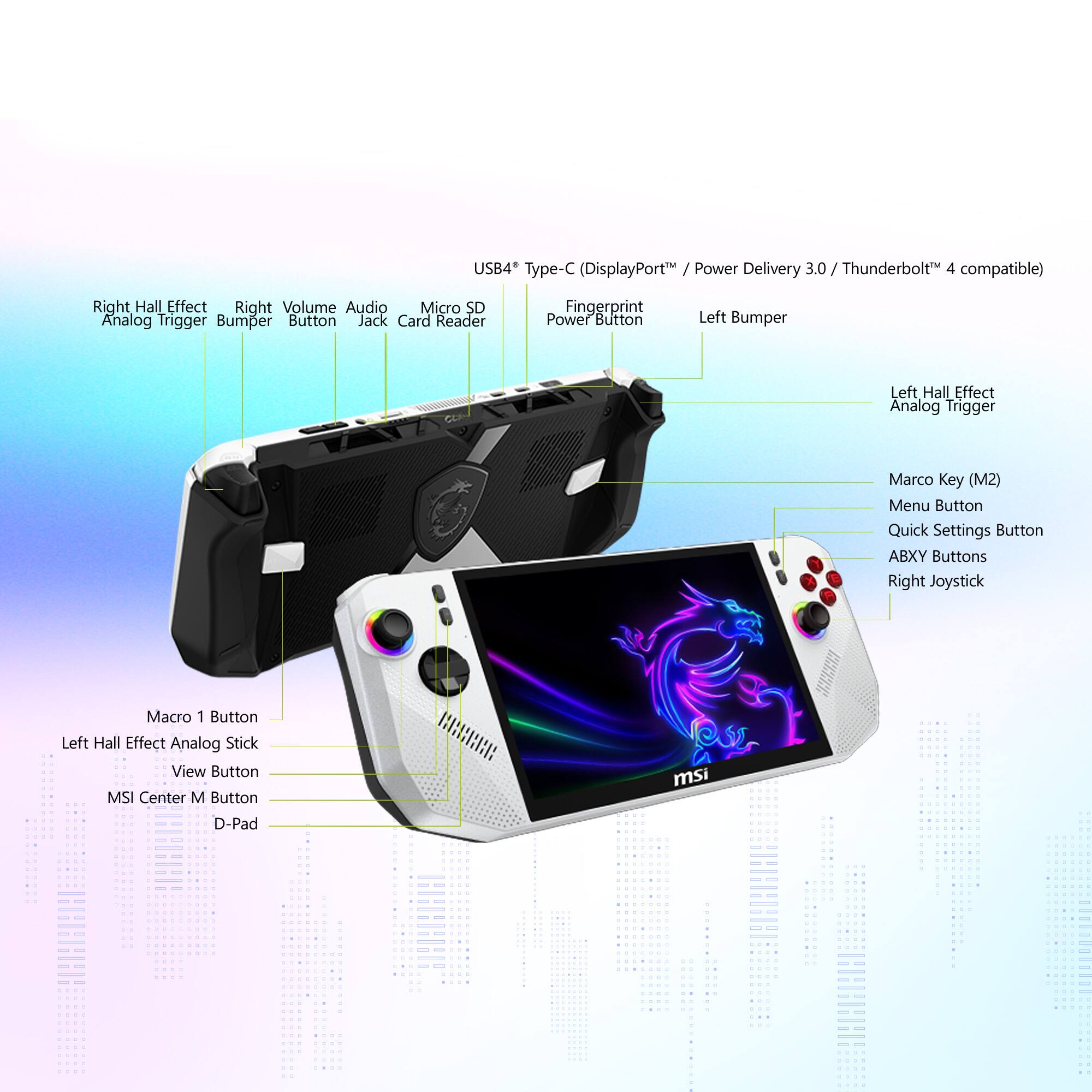 USB4* Type-C (DisplayPort™ / Power Delivery 3.0 / Thunderbolt™ 4 compatible)

- Right Hall Effect Analog Trigger
- Right Bumper
- Volume Button
- Audio Jack
- Micro SD Card Reader
- Fingerprint Power Button
- Left Bumper
- Left Hall Effect Analog Trigger
- Macro Key (M2)
- Menu Button
- Quick Settings Button
- ABXY Buttons
- Right Joystick
- Macro 1 Button
- Left Hall Effect Analog Stick
- View Button
- MSI Center M Button
- D-Pad