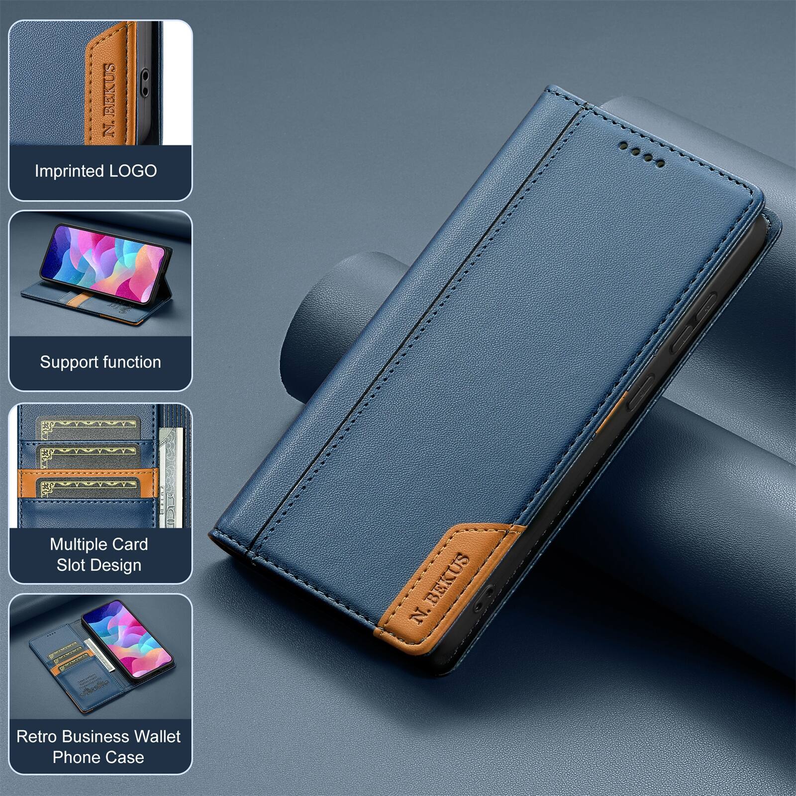 BEKUS: N. Imprinted LOGO .... Support function Multiple Card Slot Design BEKUS N. Retro Business Wallet Phone Case