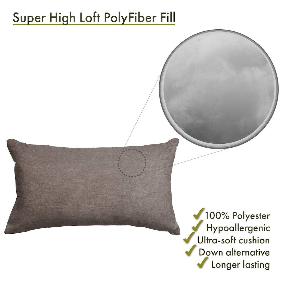 Super High Loft PolyFiber Fill

- 100% Polyester
- Hypoallergenic
- Ultra-soft cushion
- Down alternative
- Longer lasting