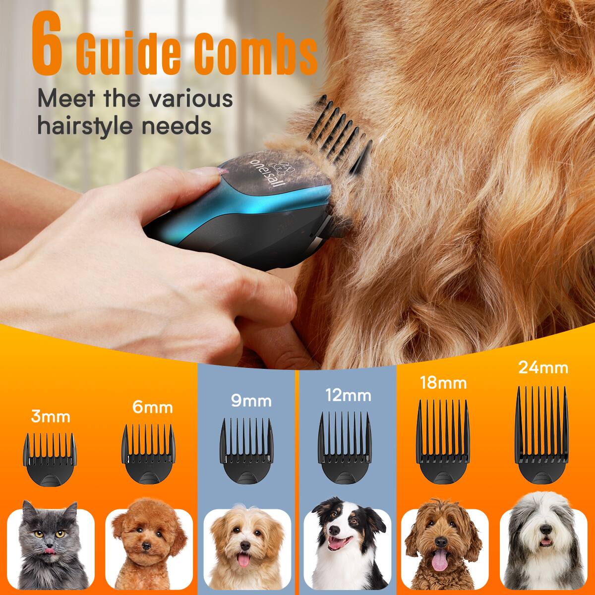 6 Guide Combs  
Meet the various hairstyle needs  

3mm  
6mm  
9mm  
12mm  
18mm  
24mm