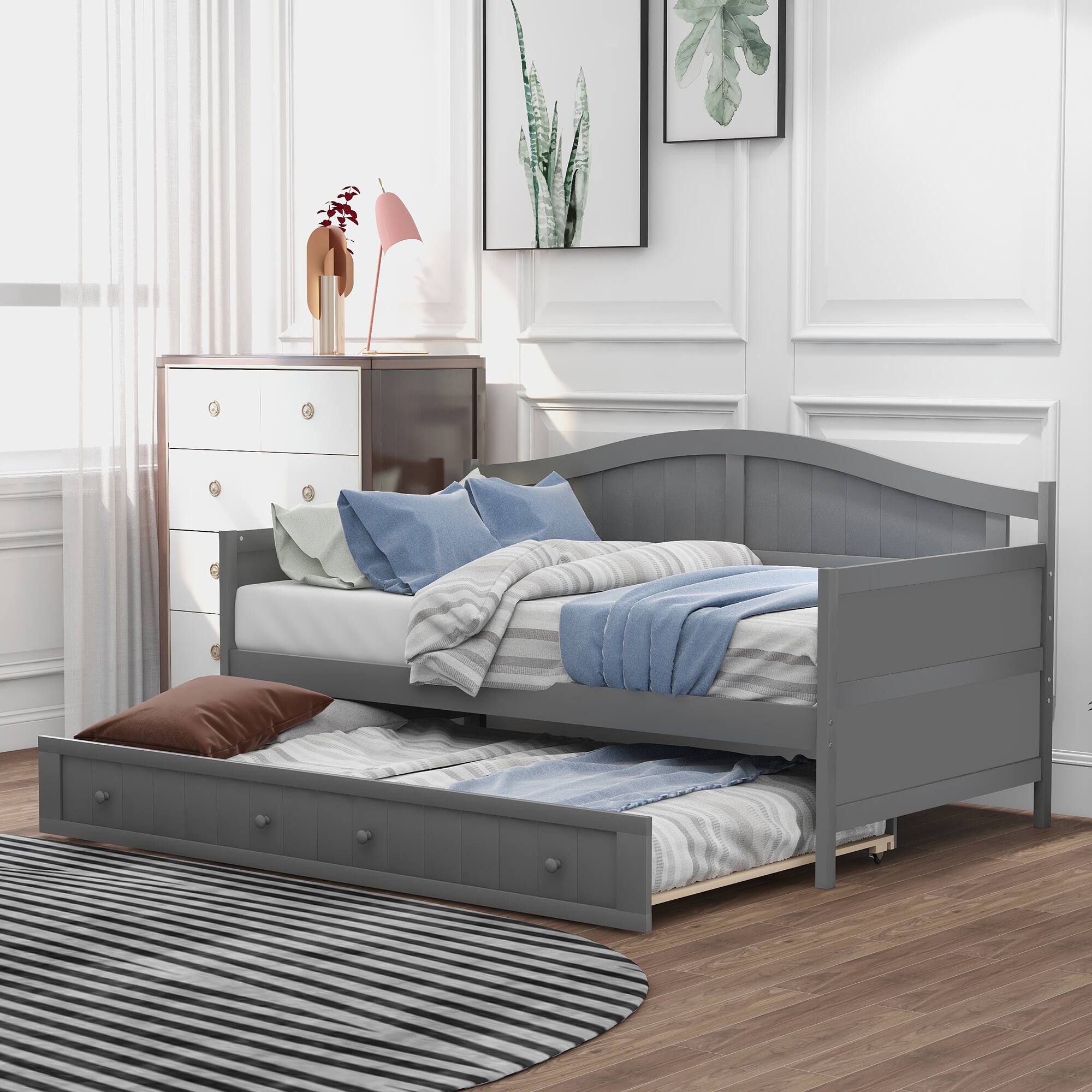 Front. Aukfa - Twin Wooden Daybed with Trundle Bed, Sofa Bed for Bedroom Living Room - Gray.