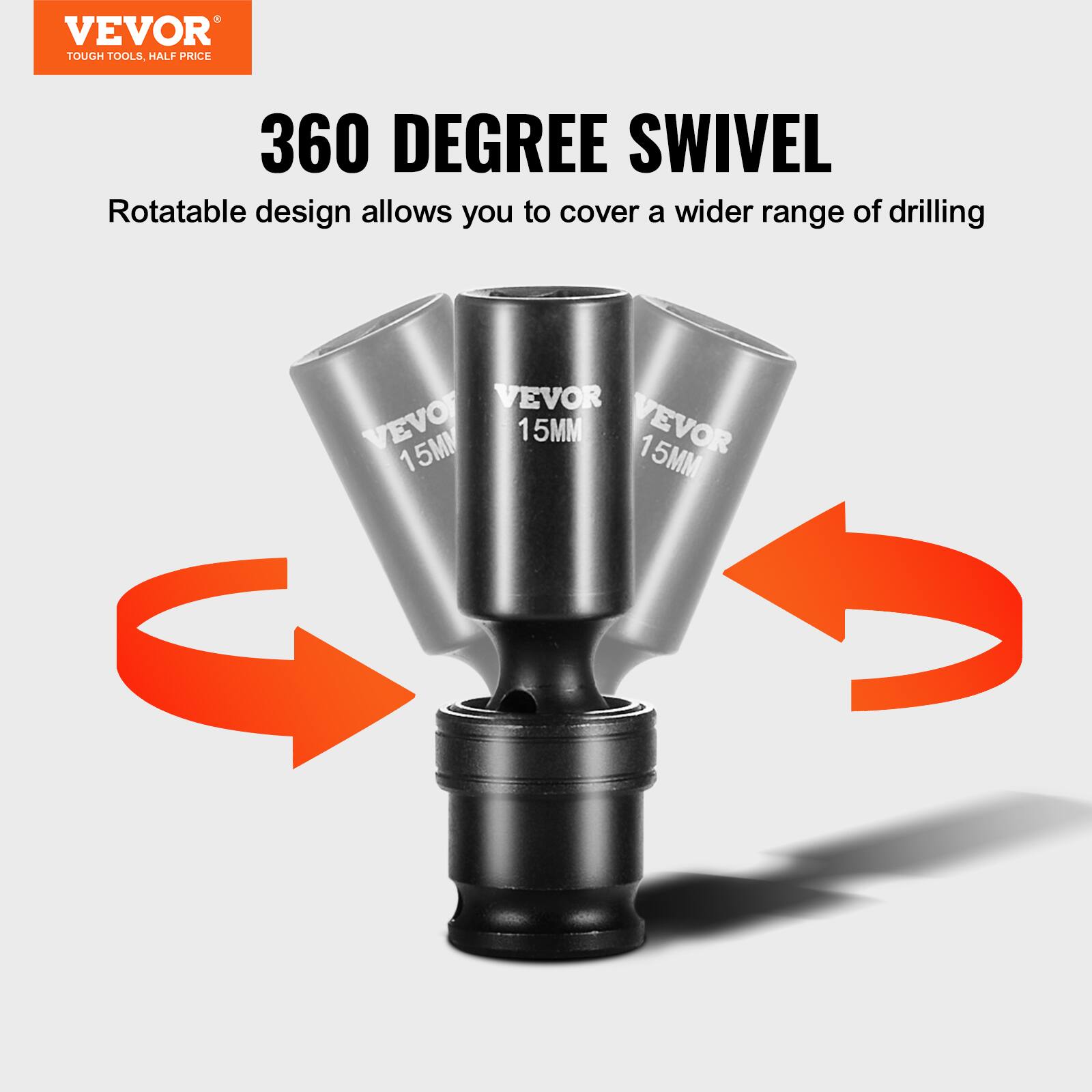 VEVOR TOUGH TOOLS HALF PRICE, 360 DEGREE SWIVEL, Rotatable design allows you to cover a wider range of drilling, VEVOR 15MM, VEVOR 15MM, VEVOR 15MM