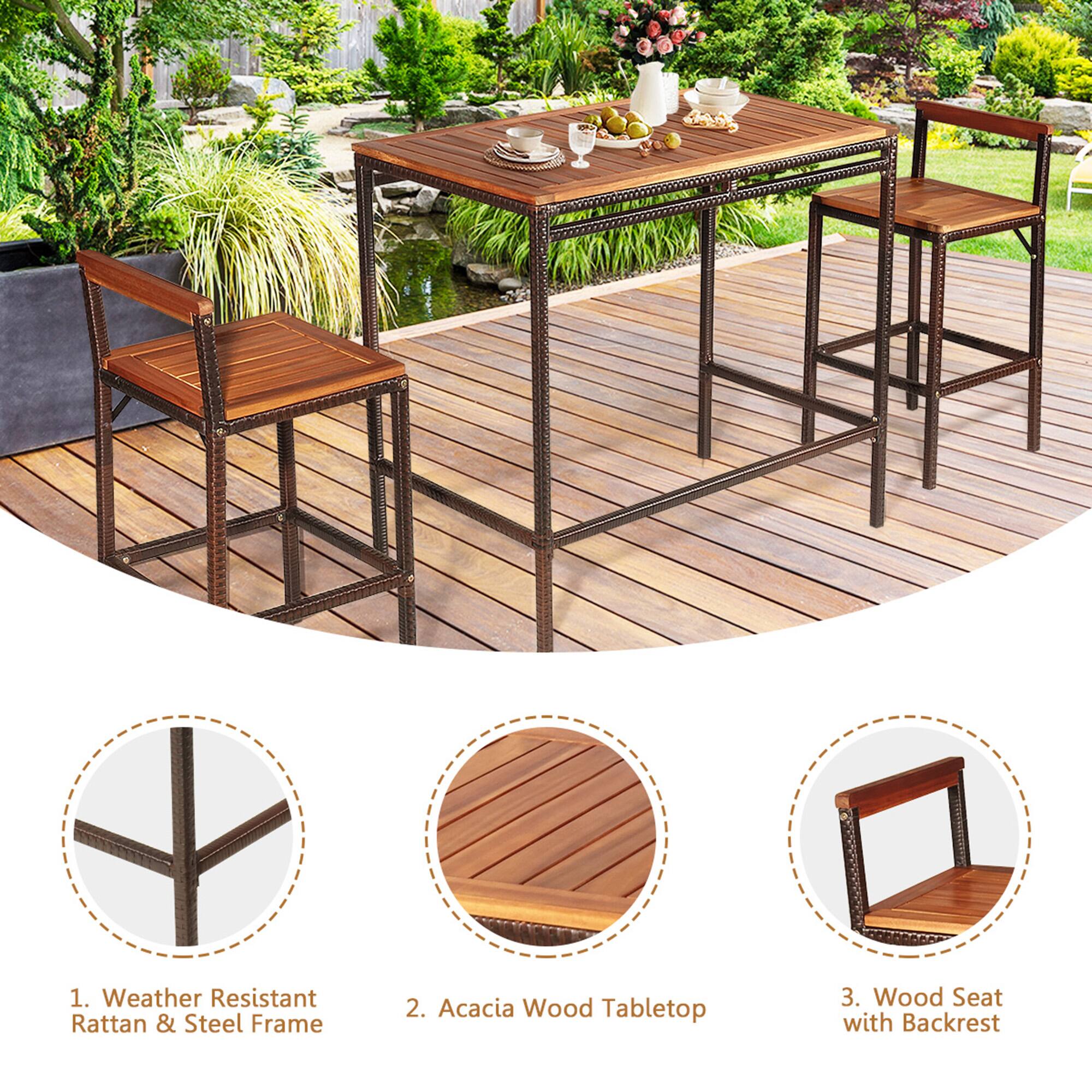 1. Weather Resistant Rattan & Steel Frame  
2. Acacia Wood Tabletop  
3. Wood Seat with Backrest
