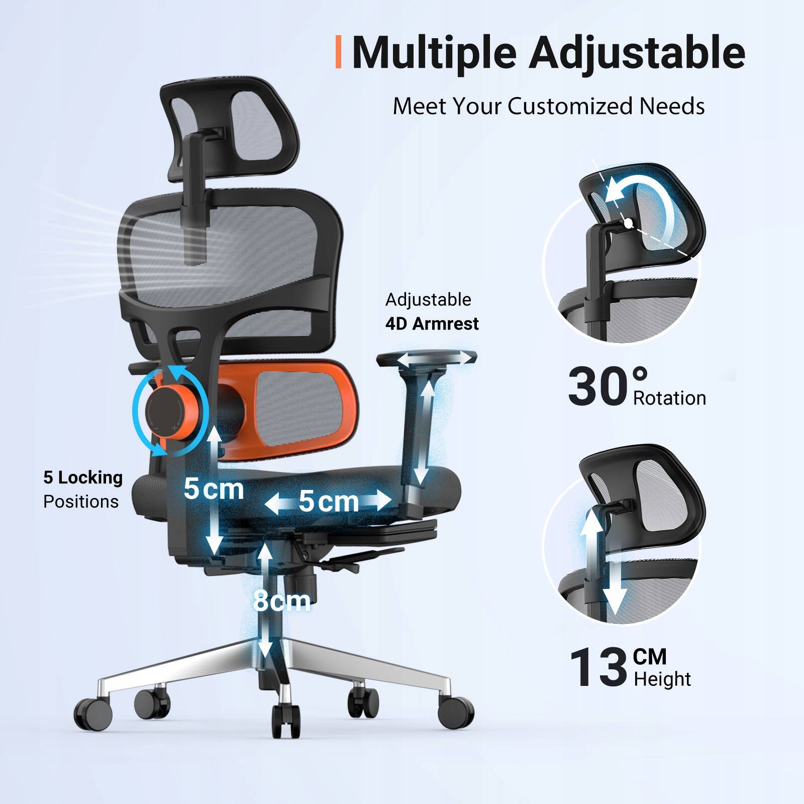 The text on the image reads: "Multiple Adjustable Meet Your Customized Needs Adjustable 4D Armrest 30 Rotation 5 Locking Positions 5 cm 5 cm 8cm 13 Height."