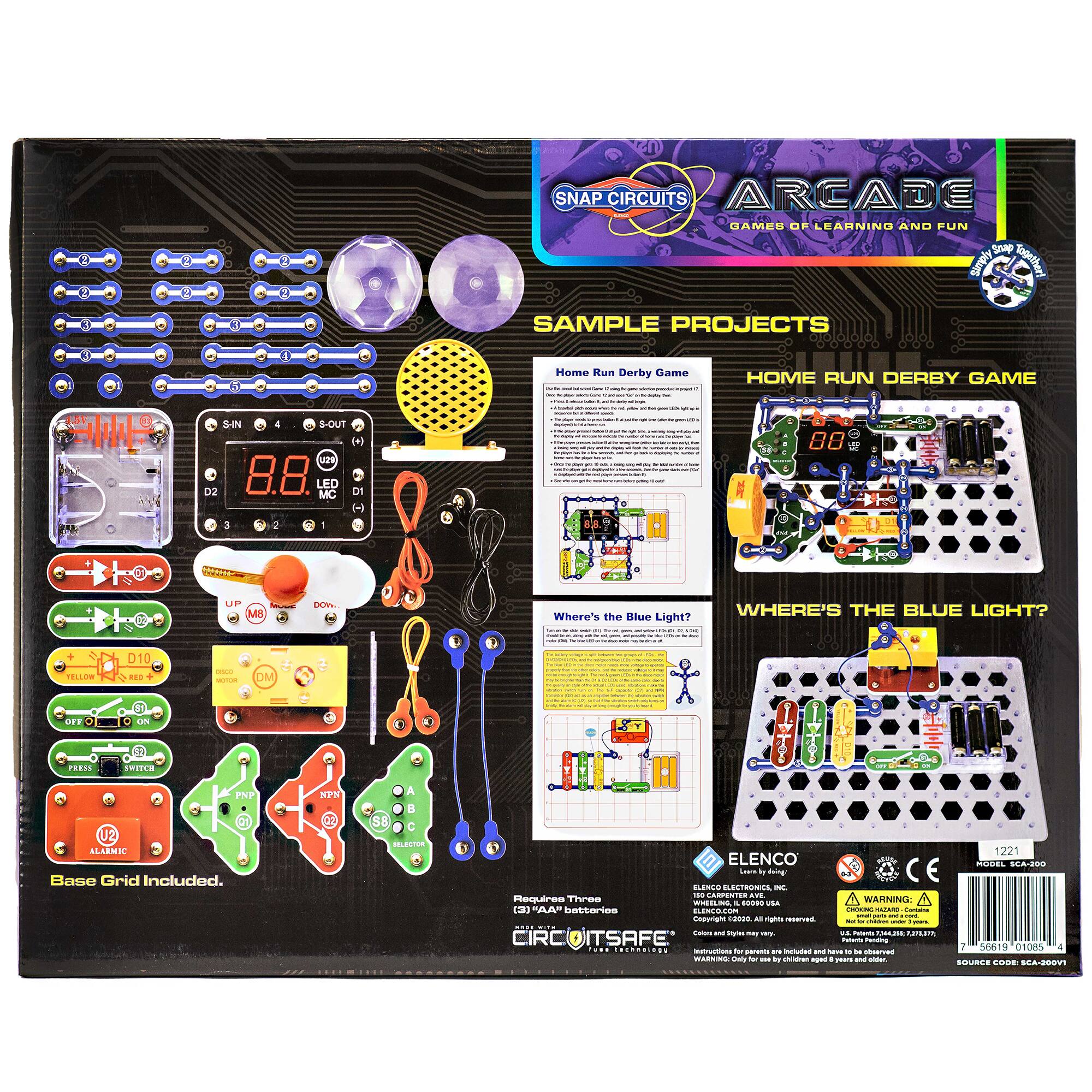 Snap Circuits Arcade Games Kit: De-Learning and Fun. Includes sample projects. Home Run Derby Game - 88 LEDs, 3 motors, 1 alarm, 1 speaker, 1 buzzer, 1 base grid included. Requires 4 AA batteries (not included). Ages 8+. WARNING: Small parts. Not suitable for children under 3 years. Made by Elenco.