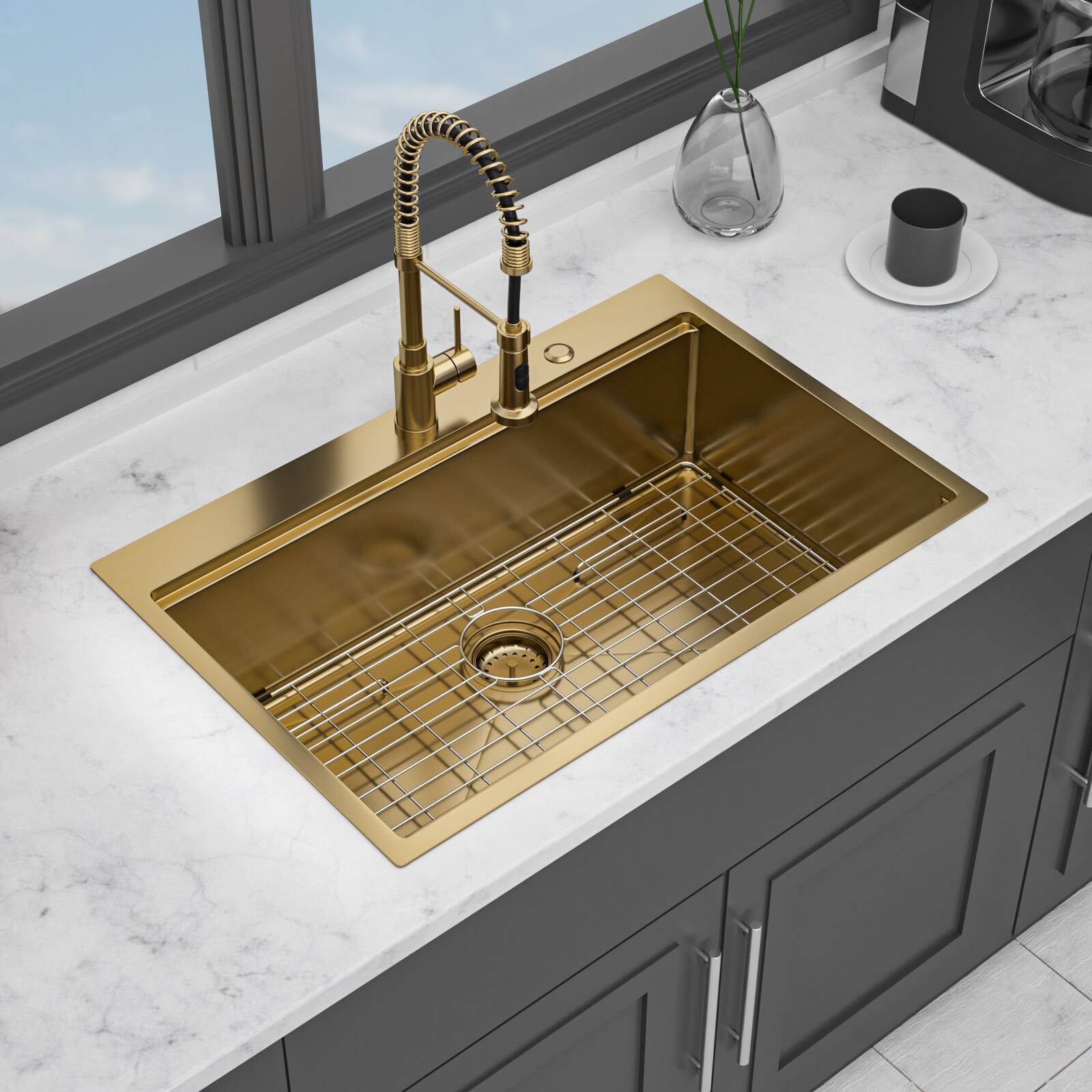 Left. APRILSOUL - 33 x 22 x 10 inch Kitchen Sink Drop-in Topmount Single Bowl 16 Gauge Stainless Steel Ledge Workstation Kitchen Sinks - Gold.