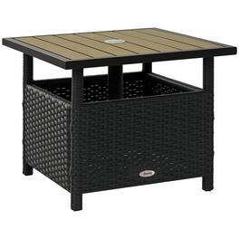 Outsunny - 22" Outdoor Side Table with Umbrella Hole, Rattan Wicker End Table with Sand Bag and Steel Frame for Outdoor, Patio - Black