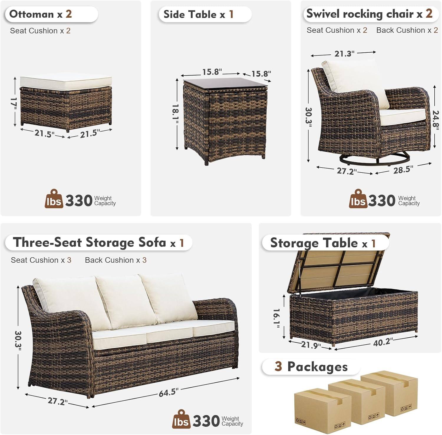 Ottoman x 2  
Seat Cushion x 2  

Side Table x 1  

Swivel rocking chair x 2  
Seat Cushion x 2  
Back Cushion x 2  

Three-Seat Storage Sofa x 1  
Seat Cushion x 3  
Back Cushion x 3  

Storage Table x 1  

3 Packages  

Dimensions:  
- Ottoman: 21.5" x 21.5" x 18.1"  
- Side Table: 15.8" x 15.8" x 30.3"  
- Swivel Rocking Chair: 21.3" x 24.8" x 27.2" x 28.5"  
- Three-Seat Storage Sofa: 30.3" x 64.5" x 27.2" x 16.1"  
- Storage Table: 21.9" x 40.2" x 16.1"  

Weight Capacity: 330 lbs  

3 Packages
