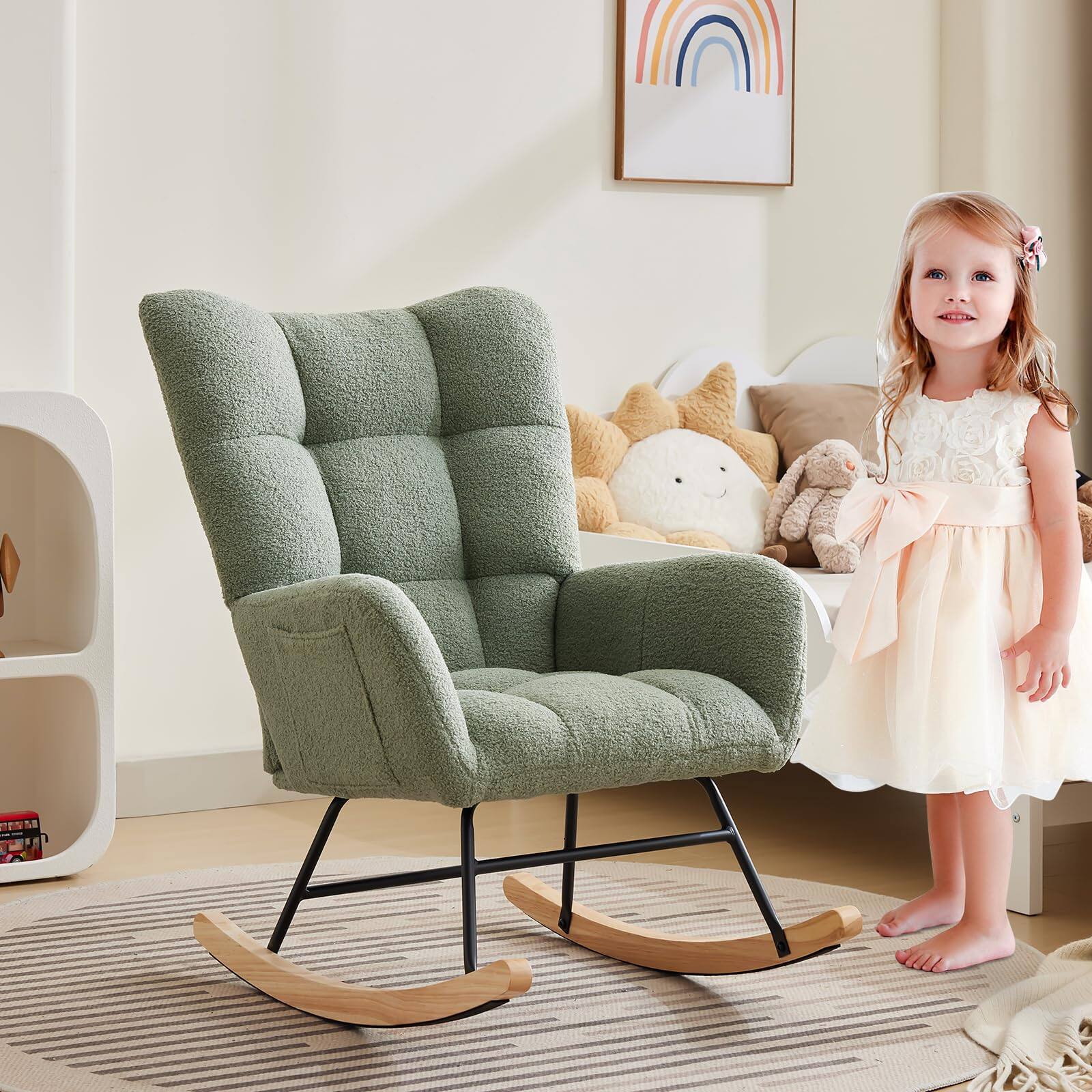 Alt View 3. Jojoka - Rocking Nursery Chair, Teddy Upholstered Glider with High Backrest, Armrests, Side Pockets Living Room or Nursery - Green.