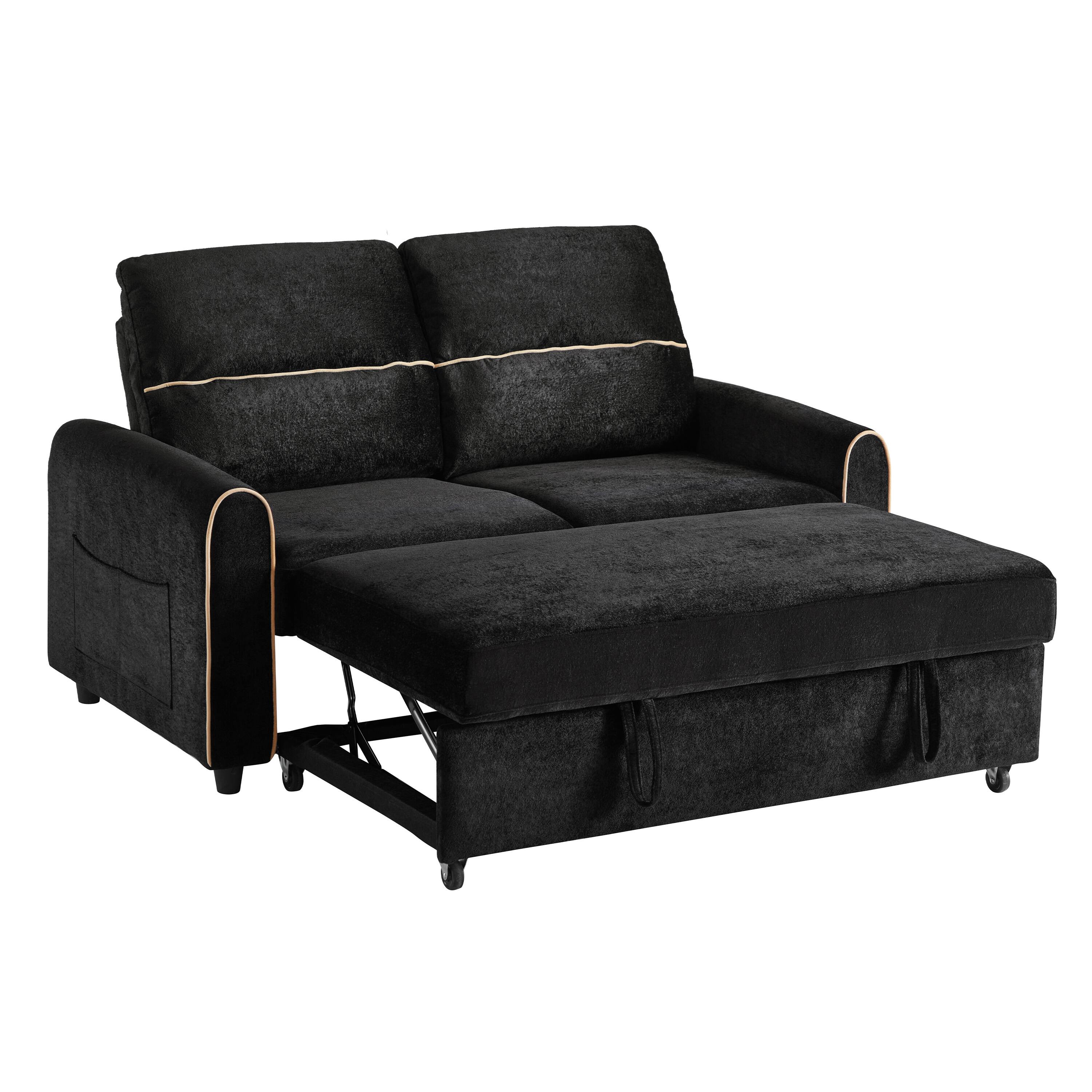 Left. Whisen - 58" Chenille Pull-Out Sofa Bed Loveseat with Adjustable 3 -Position Backrest for Living Room - Black.