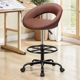 Brick Attic - Drafting Office Chair, Height Adjustable Rolling Bar Stool with Foot Rest,Tall 360° Swivel Stool PU Leather Chair - Brown