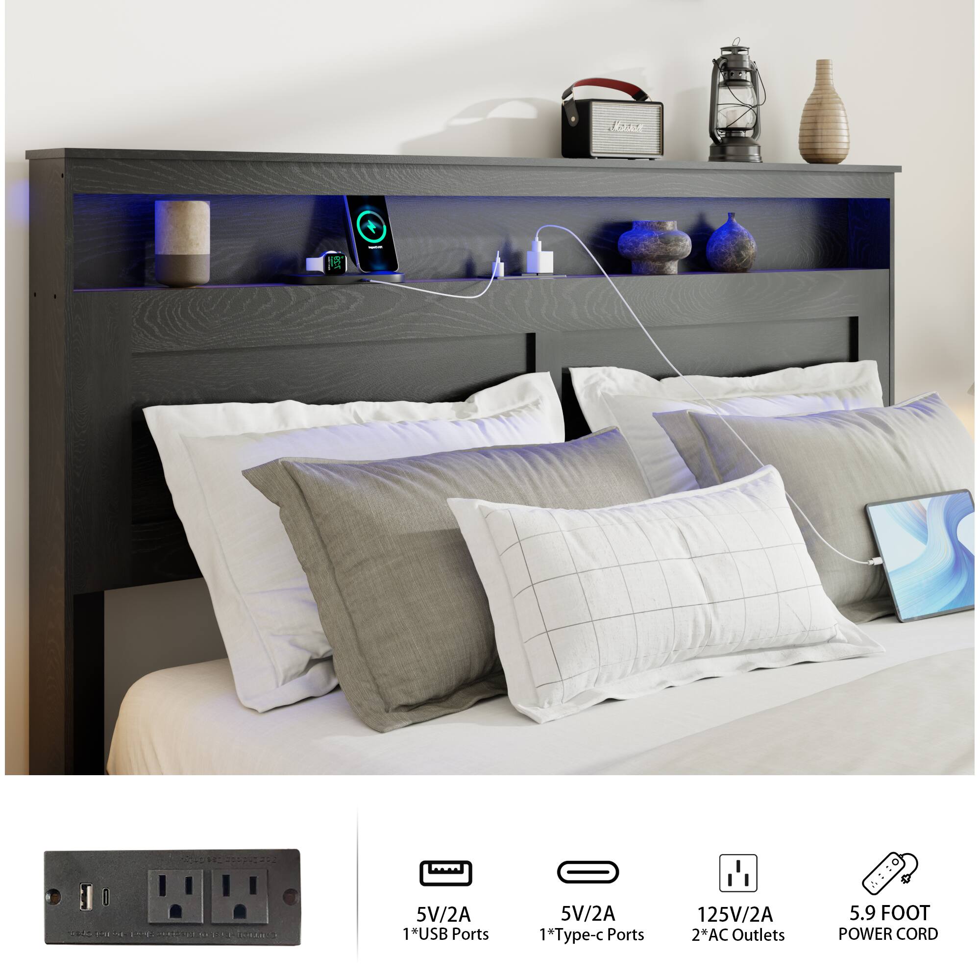 - 5V/2A 1*USB Ports
- 5V/2A 1*Type-C Ports
- 125V/2A 2*AC Outlets
- 5.9 FOOT POWER CORD