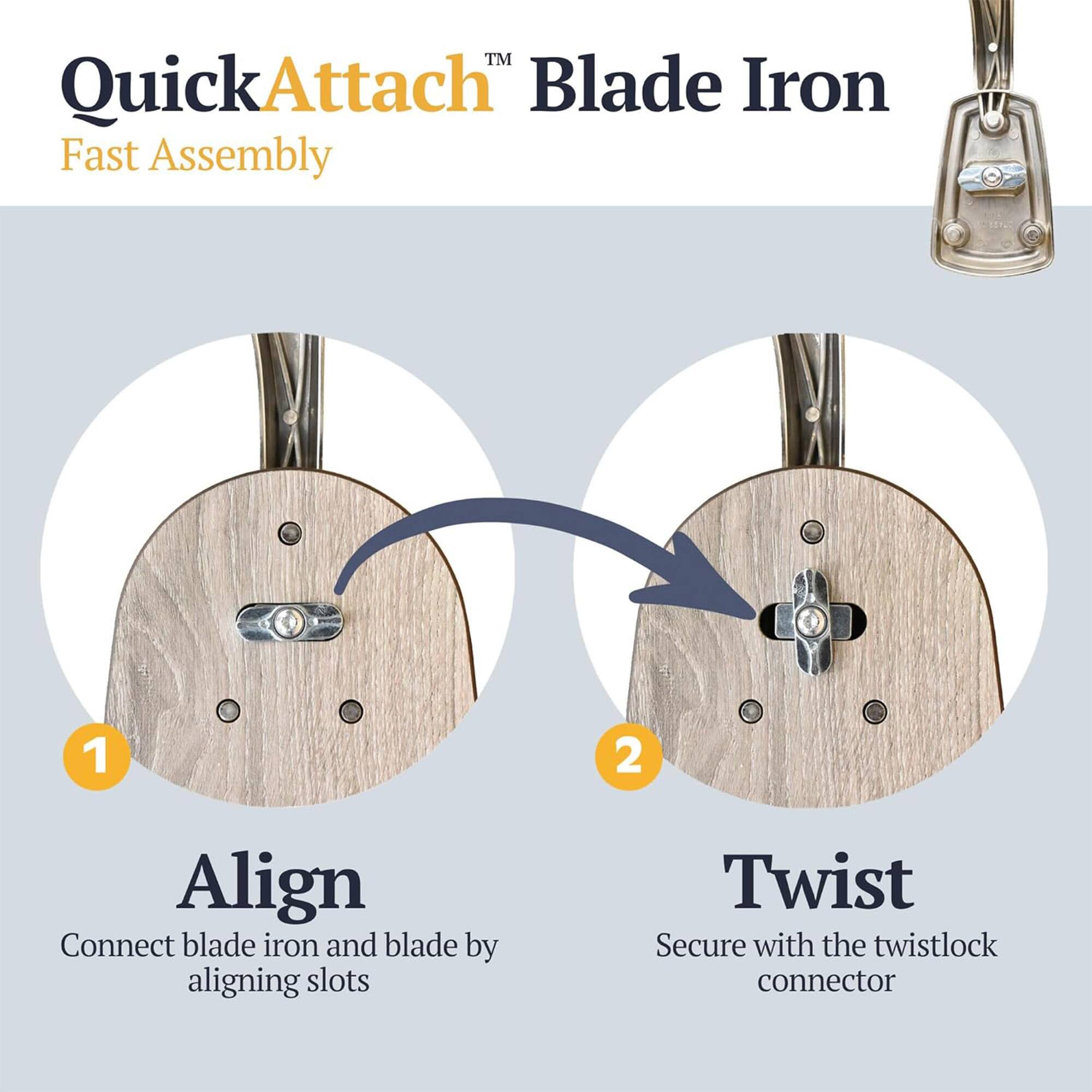 QuickAttach™ Blade Iron  
Fast Assembly  

1. Align  
Connect blade iron and blade by aligning slots  

2. Twist  
Secure with the twistlock connector