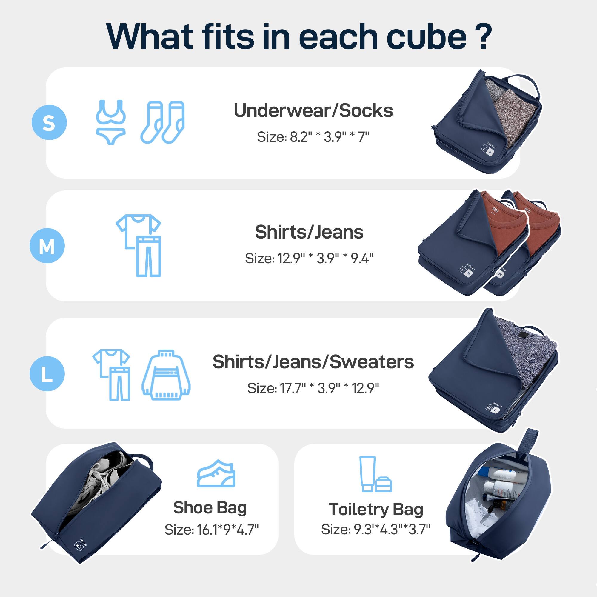 What fits in each cube? 
S Underwear/Socks Size: 8.2" 3.9" 7" 
M Shirts/Jeans Size: 12.9" 3.9" 9.4" 
L Shirts/Jeans/Sweaters Size: 17.7" 3.9" 12.9" 
Shoe Bag Size: 16.1*9*4.7" 
Toiletry Bag Size: 9.3'*4.3"*3.7"