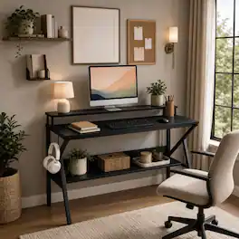 WELLFOR - 39.5 " Modern Computer Desk with Monitor Stand & Storage Shelf, Small Gaming Desk for Home Office - Black